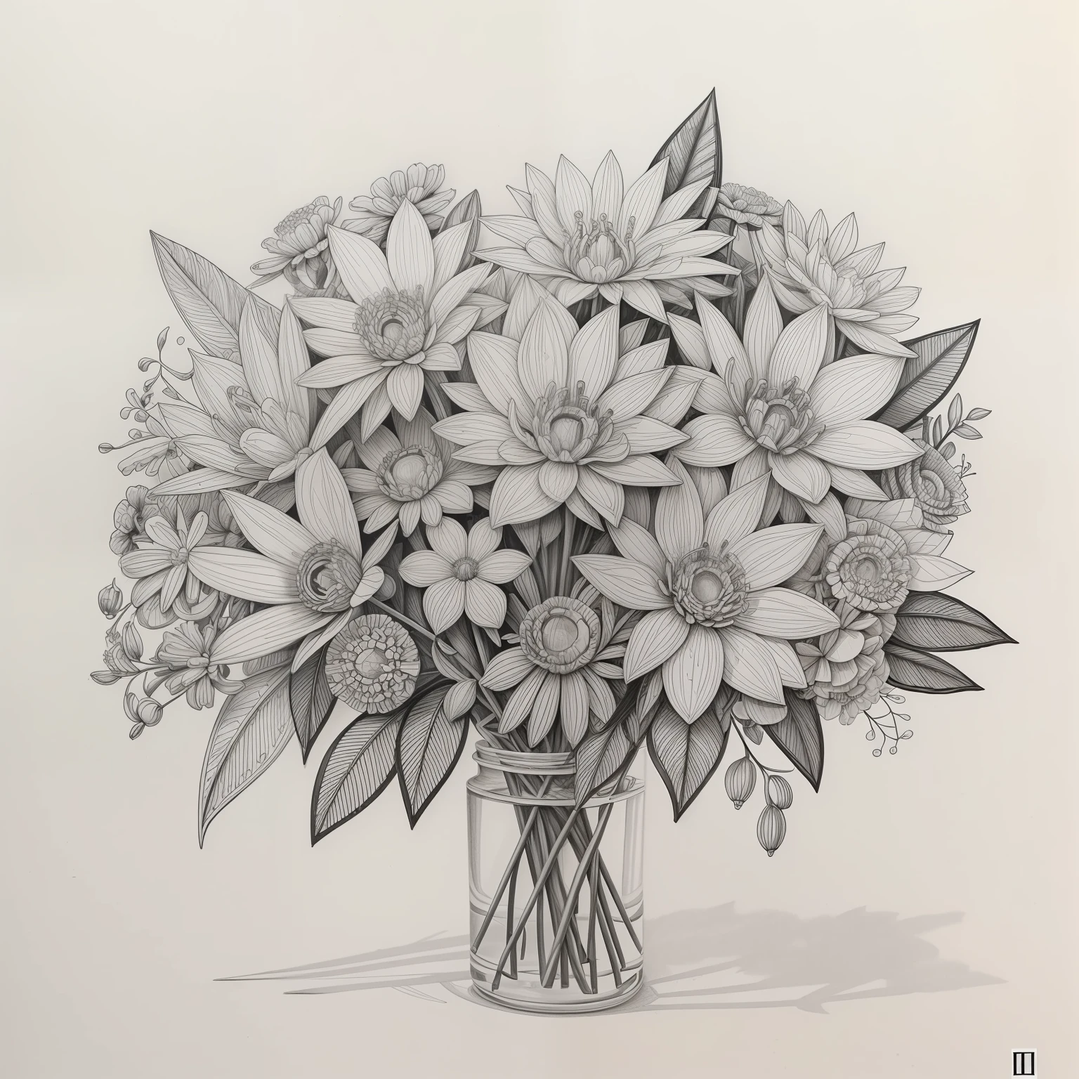 Coloring A bouquet made of leaves and flowers tied with ribbons.., Draw black and white lines. Draw a 3D line, pale, no background, Shadowless, 8K high-detail lines, 8K highly detailed lines, Highly detailed drawings, In Gouache detailed drawings, Gouache illustration. Matt, Highly detailed drawings, Realistic detailed drawings, Realistic detailed drawings, Made from leaves, Detailed gouache drawings, Figure 2 of gouache, Highly detailed drawings