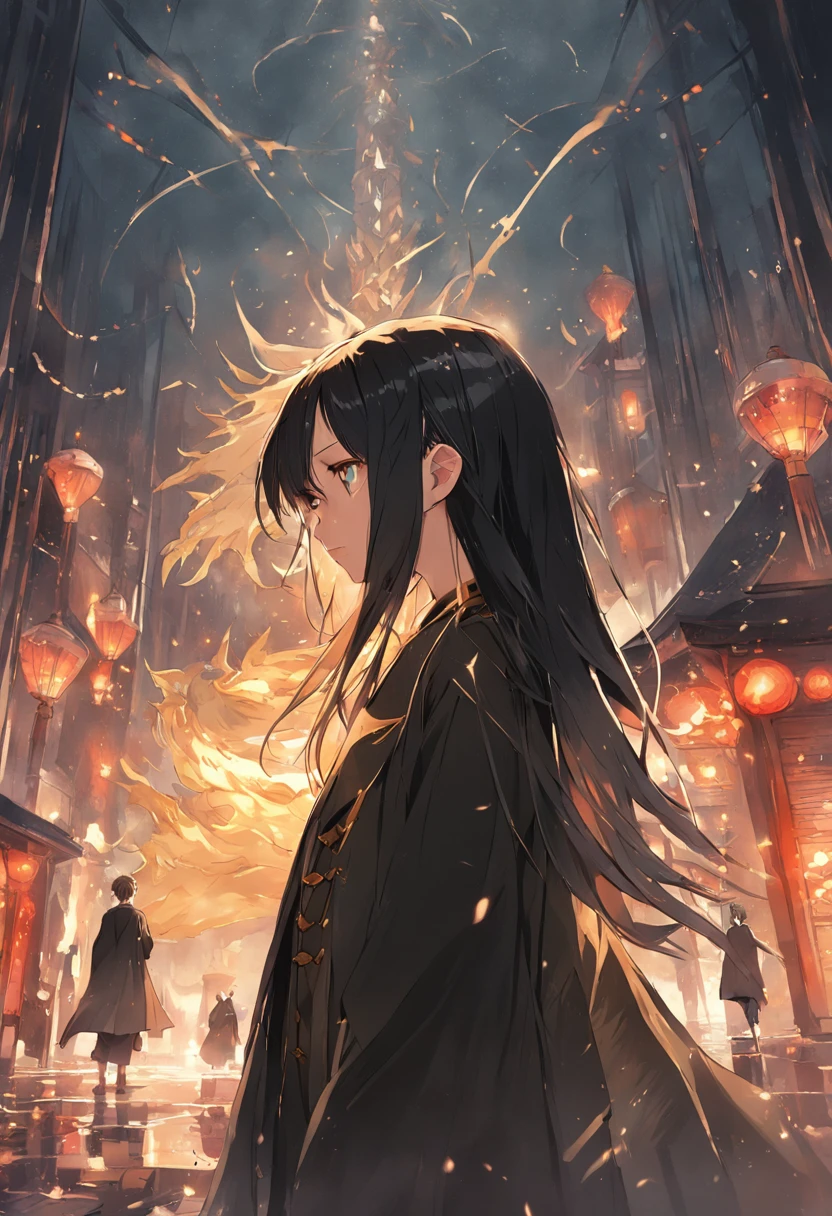 A long black hair,Golden eyes,Girl in a black trench coat,Behind it is a golden dragon
