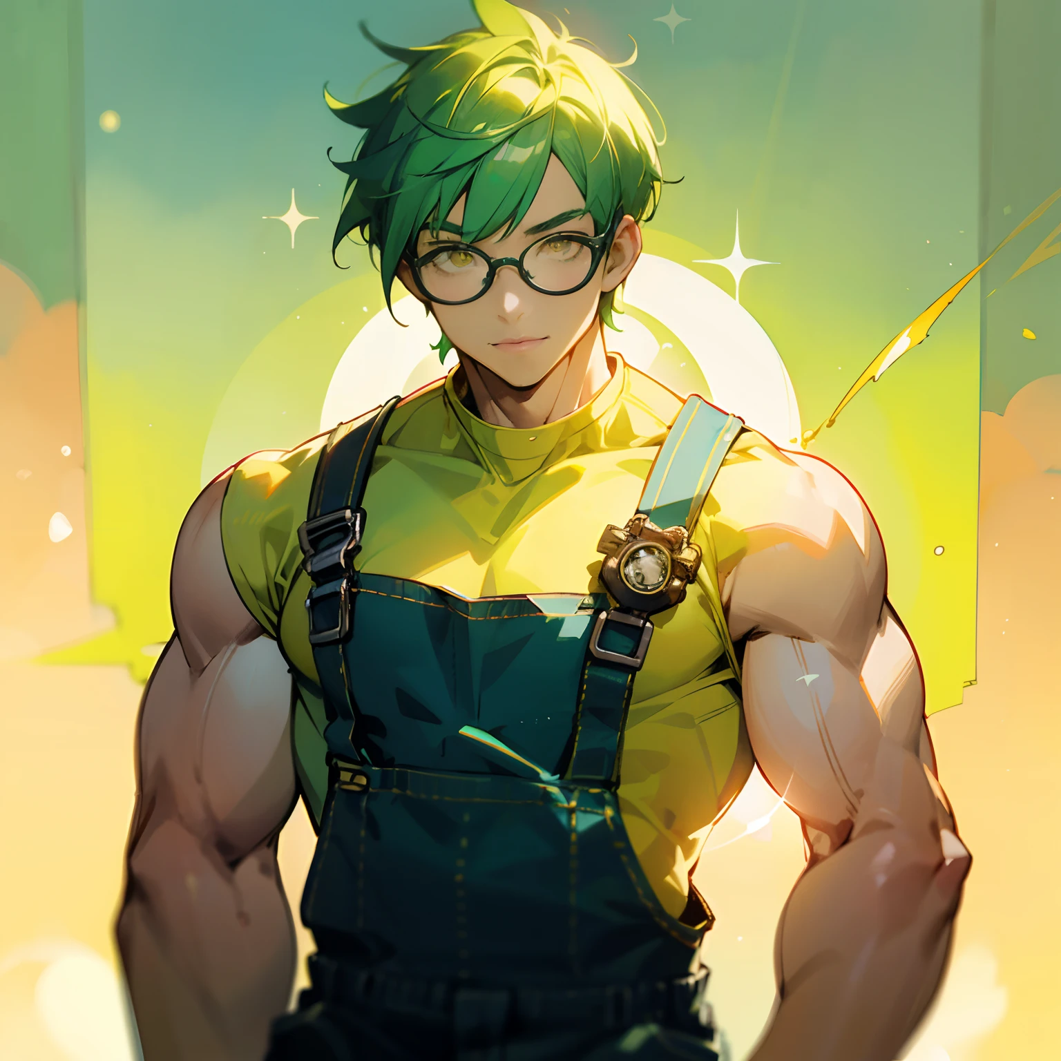 Fat green hair man with muscles、yellow  eyes、short-hair、wears glasses、Kindness、Wearing overalls、Holding a spanner in your hand、softfocus、Acrobatic、Colorful light gradient、watercolor paiting、lensflare、kirakira、Dreamy