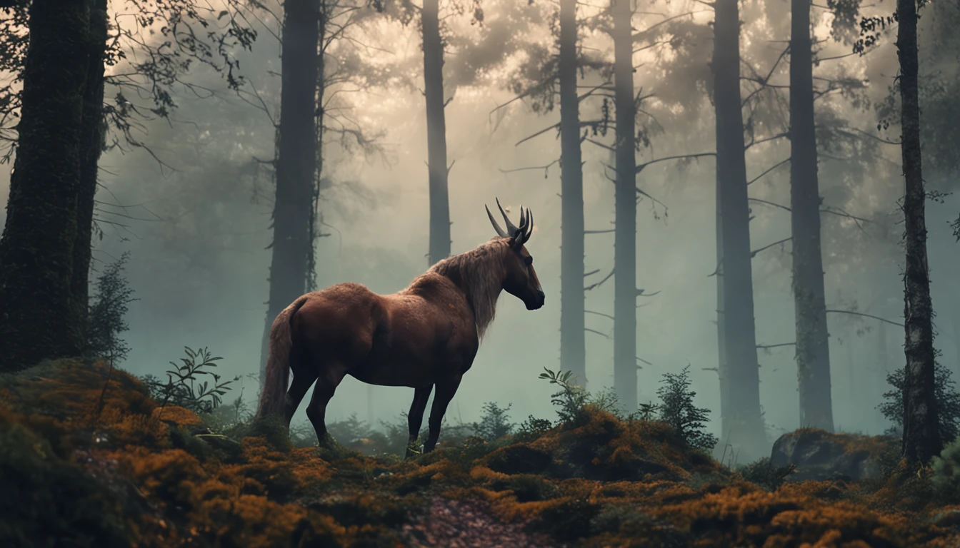 A centaur in a foggy forest clearing.
