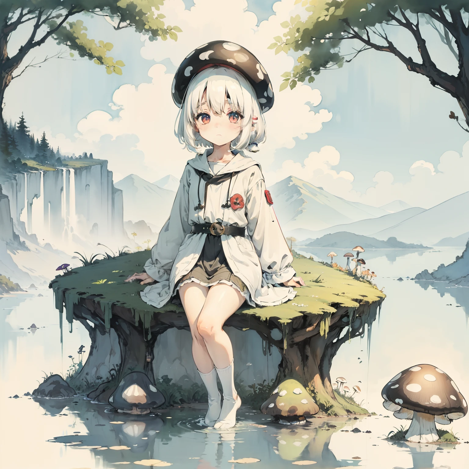 Explore the kingdom of psychedelic and fantasy mushrooms，Huge mushrooms，Watercolor illustration, Perfect anatomy, Masterpiece, Best quality, 1girll, Loli,， Solo, (with short white hair:1.2),，Nature, landscape
