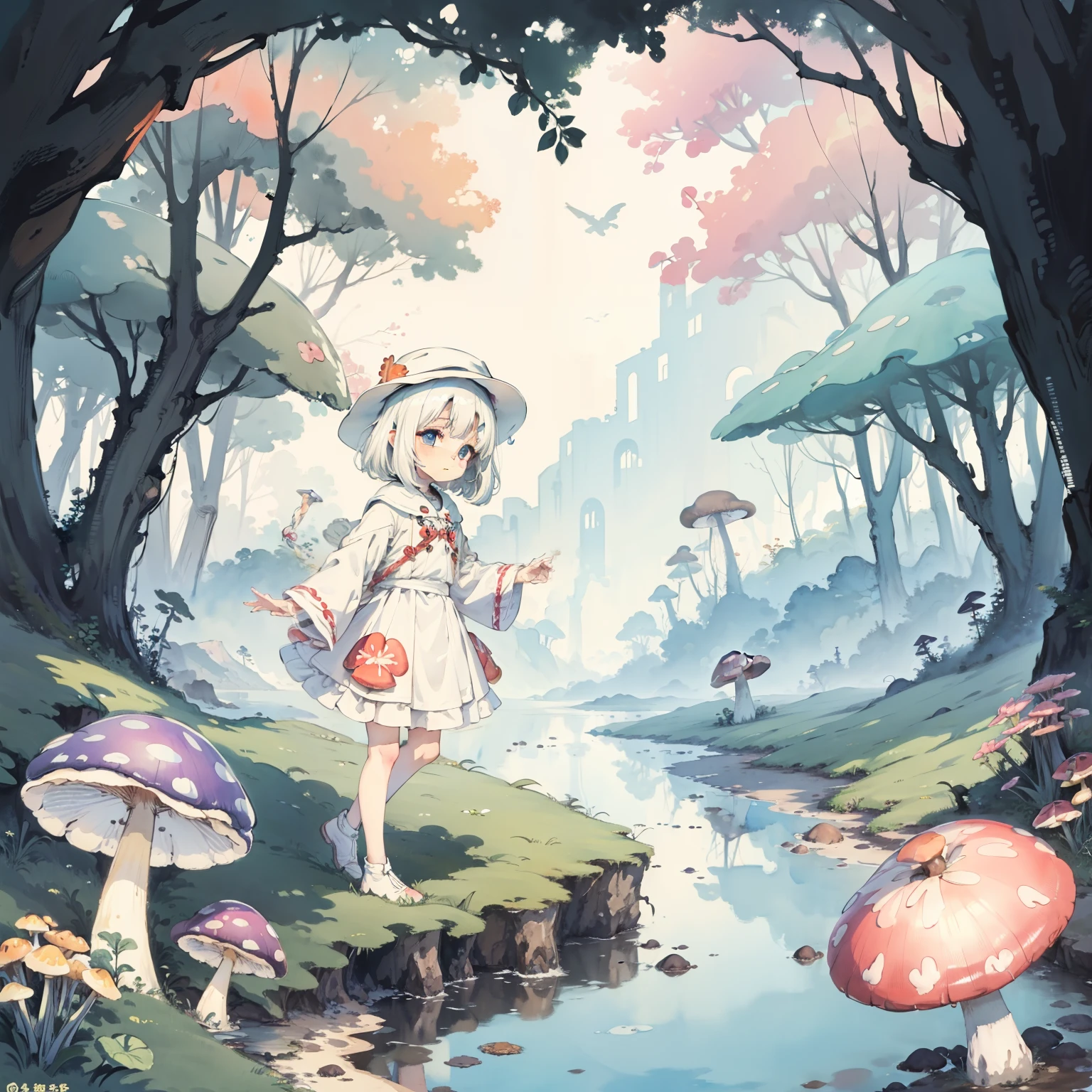 Explore the kingdom of psychedelic and fantasy mushrooms，Huge mushrooms，Watercolor illustration, Perfect anatomy, Masterpiece, Best quality, 1girll, Loli,elementary student， Solo, (with short white hair:1.2),，Nature, landscape