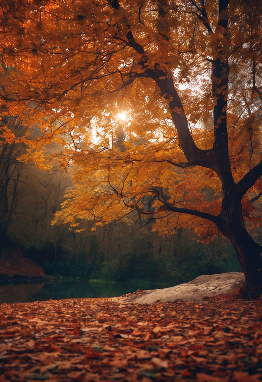 a beauti,autumn forest,Autumn leaves fall,serenity and calm,Natural portrait,Medium focus lens,at dusk at golden hour,artsy photography,Oil painting effect,Natural light,Late,Catch one,Beautiful picture。