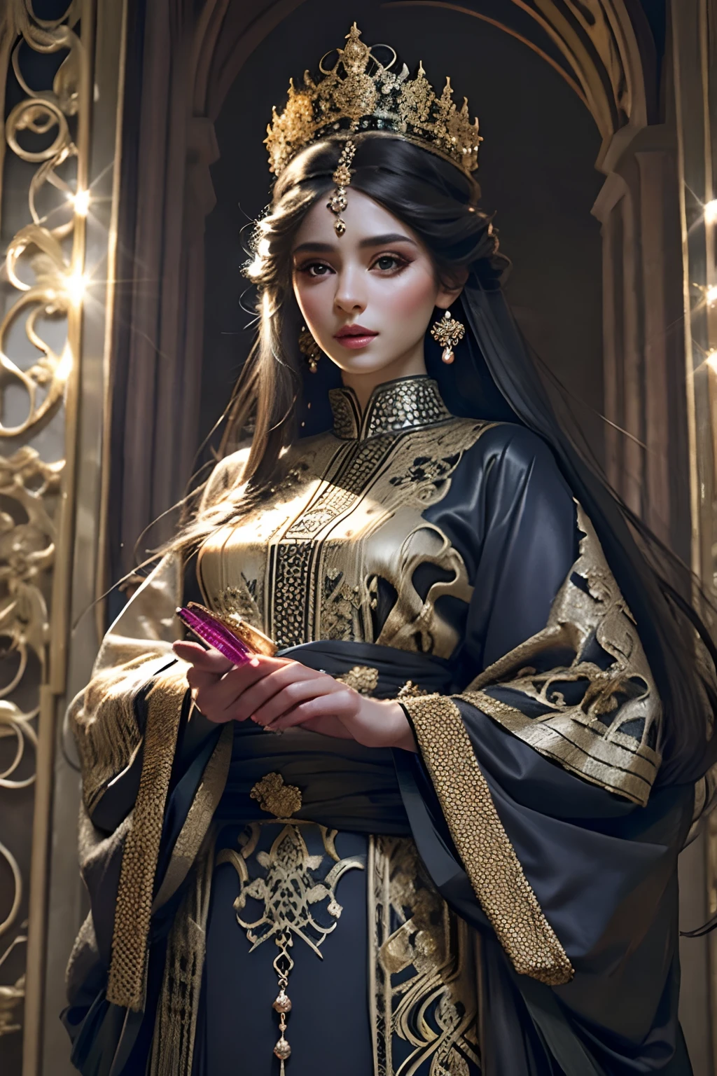 Very beautiful princess with crystal eyes bright hyper realistic super detailed full door caftan outfit cover body very detailed hyper realistic centerpiece different types design full HD face Very Beautiful very detailed hyper realistic different types