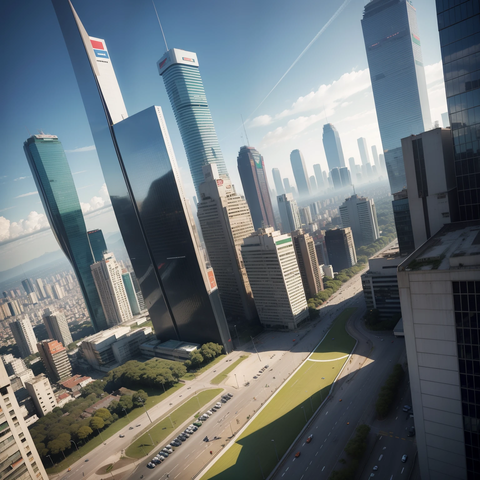 Sao Paulo City , futuristic, science fiction, realistic,with flaying cars, waving brazilian flags in top of a building, realistic,full HD