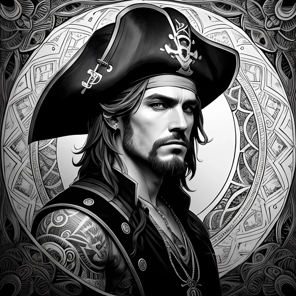 Centred potrait of a male Pirate, black and white, zentangle (best quality) ultra-detailed, fine line drawing, fine line art, coloring book illustration style, intricate linework, highly detailed illustration, perfect composition, beautiful and stunning, dynamic angle, high contrast, incredible shading, incredible detail, unique style, black and white details, (dark and mystical atmosphere), intricate and detailed nature elements.