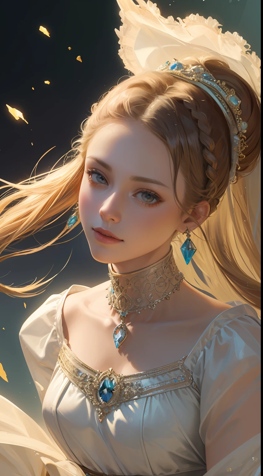 (Ultra-high quality masterpiece,Beautiful bust of an 18-year-old noble girl,Classical braids,The eyes are shiny and clear,Floral craftsmanship,Crystal jewelry,Ultra-fine details,Soft lighting)
