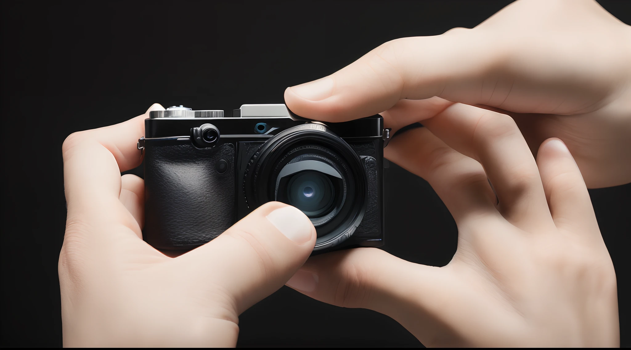 Two hands holding the camera，with black background