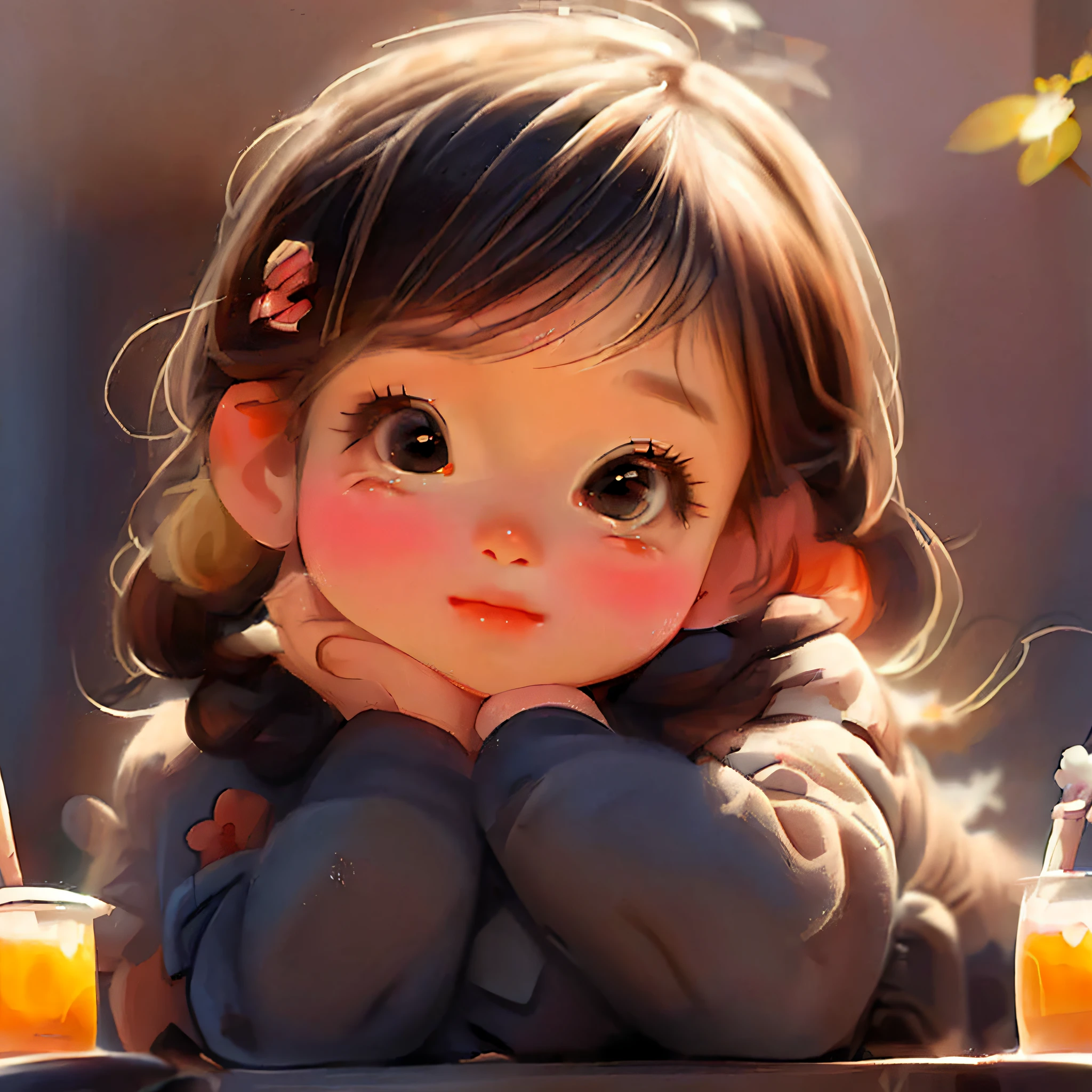 Portrait of a cute (Dicuki:1.1), Girl 5-6 years old, dark brown hair shining red in the sun, large dark brown eyes with yellowness, plump lips bow, pink dress, realism, watercolor, 4K, High detail