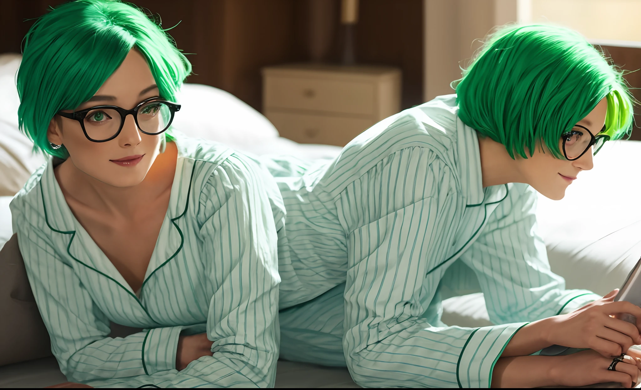 Dressed in white，Green hair，pyjamas