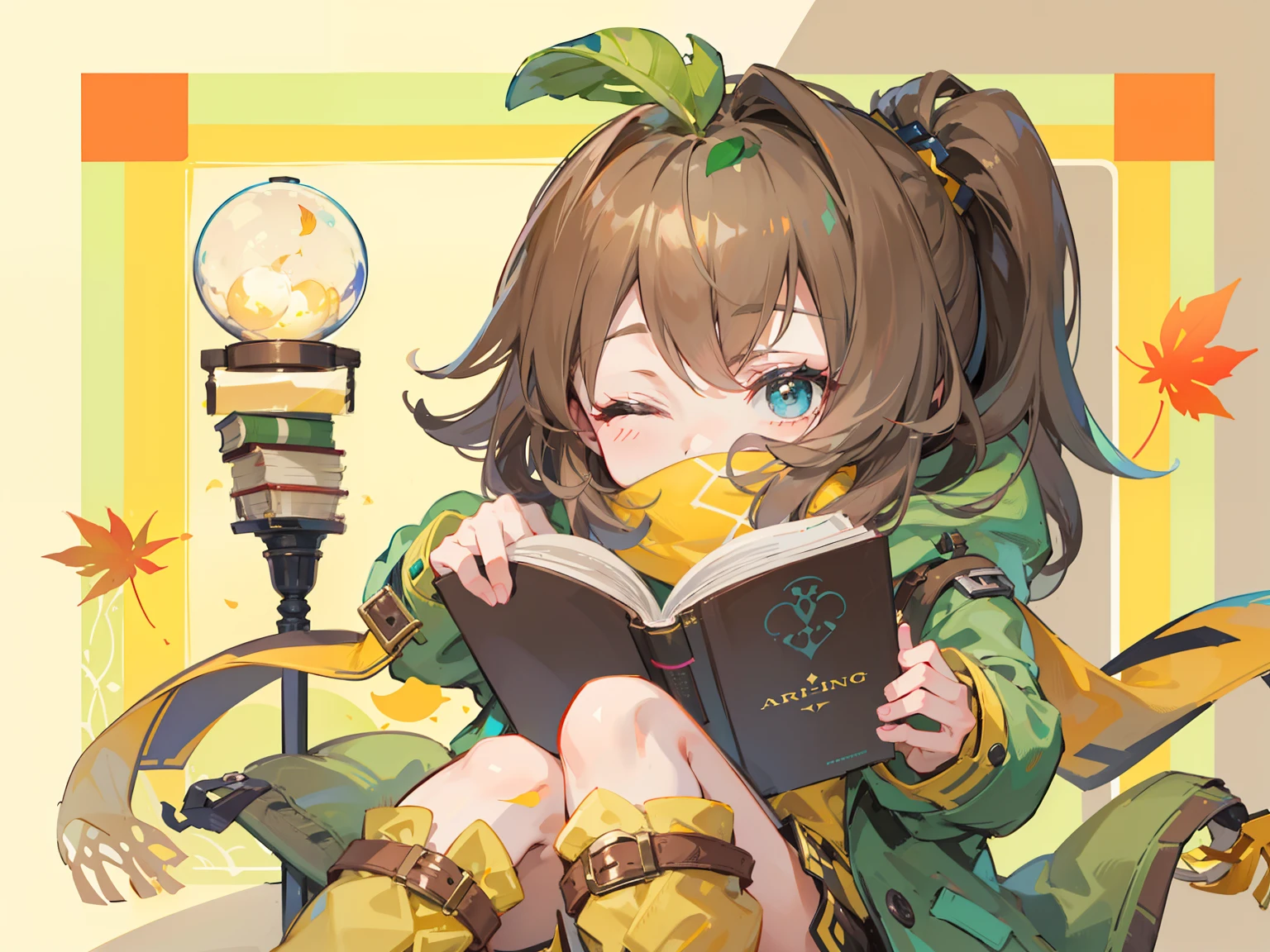 1girll,Brown diagonal ponytail,With his eyes closed,leaf on head,Green coat,Yellow scarf,The magic book in hand,Glowing potted plant next to it,Ray traching,Dramaticlight,(solo person),sitted