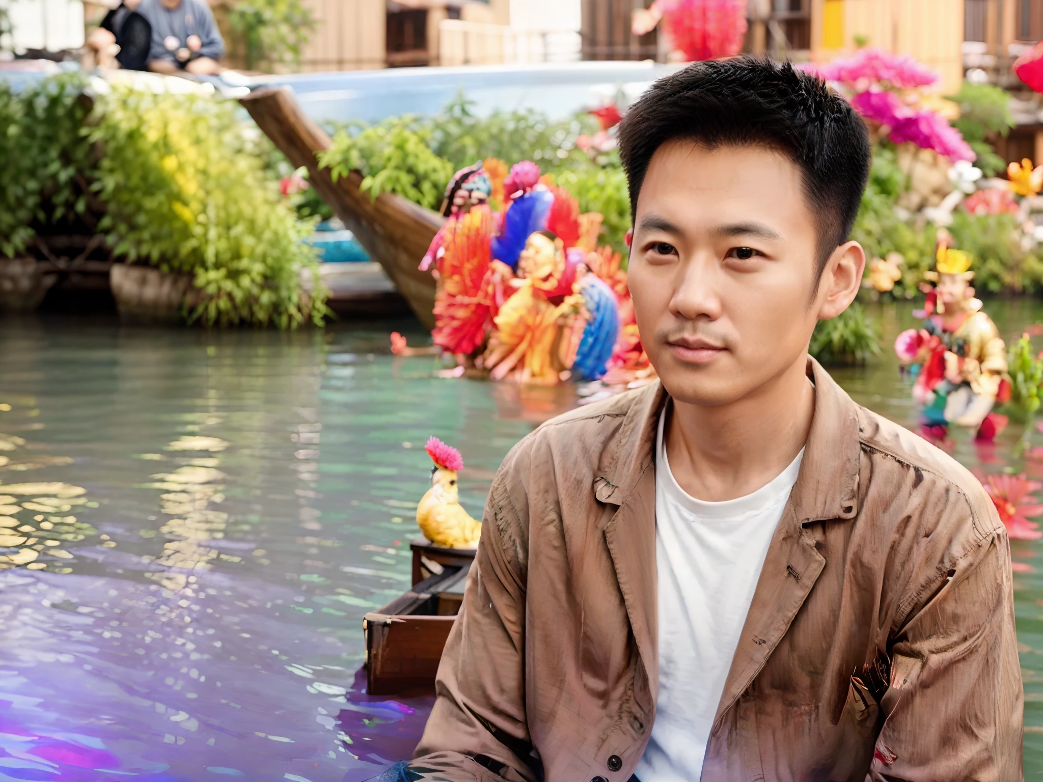 there is a man sitting on a boat in the water, chinese artist, stanley artgem lau, ruan jian, portrait shot, korean artist, thawan duchanee, nivanh chanthara, andrew thomas huang, raqib shaw, kevin hou, ryan jia, foreground background, avatar image, rick dai, okuda sam miguel, steve zheng