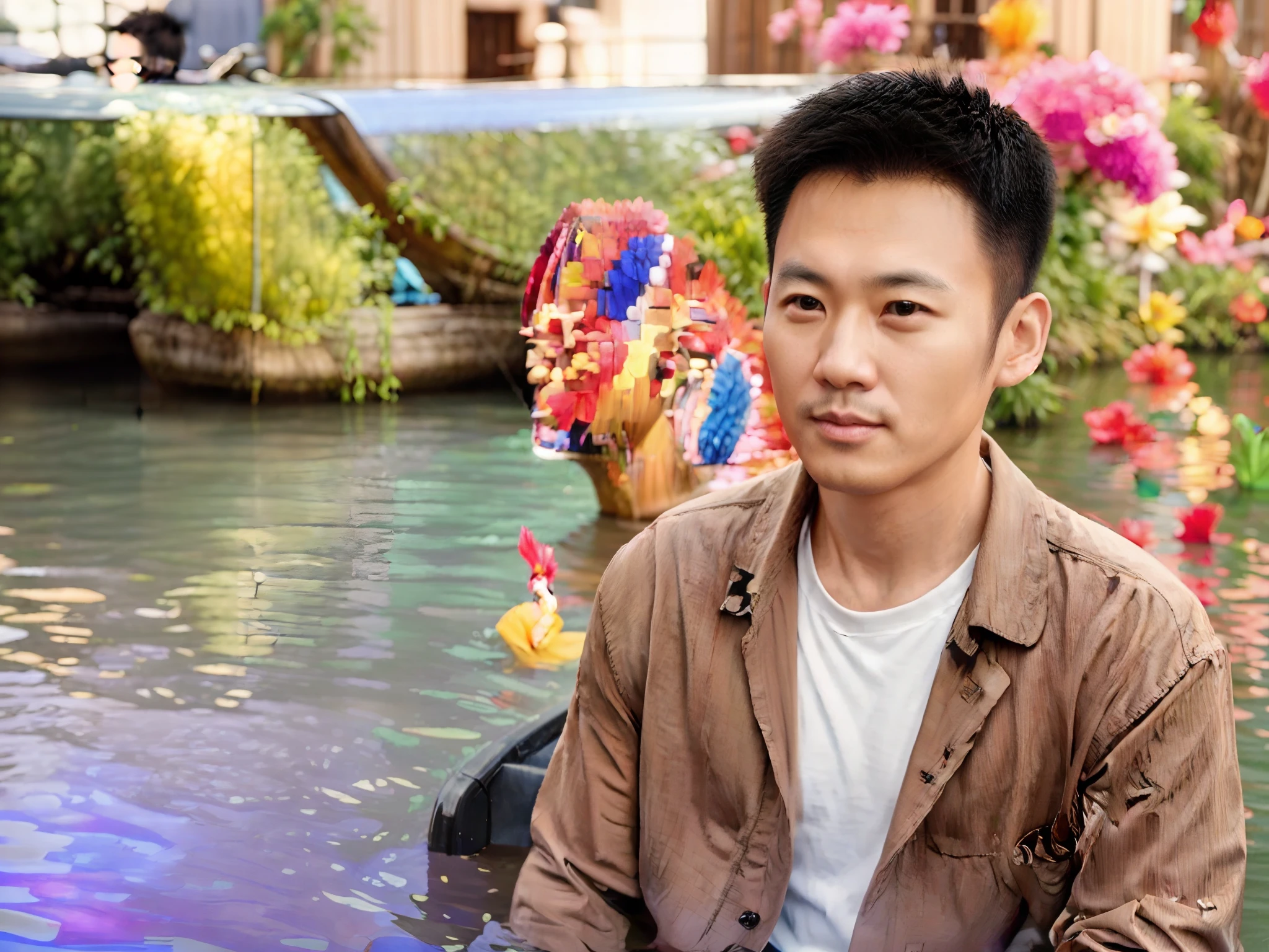 there is a man sitting on a boat in the water, chinese artist, stanley artgem lau, ruan jian, portrait shot, korean artist, thawan duchanee, nivanh chanthara, andrew thomas huang, raqib shaw, kevin hou, ryan jia, foreground background, avatar image, rick dai, okuda sam miguel, steve zheng