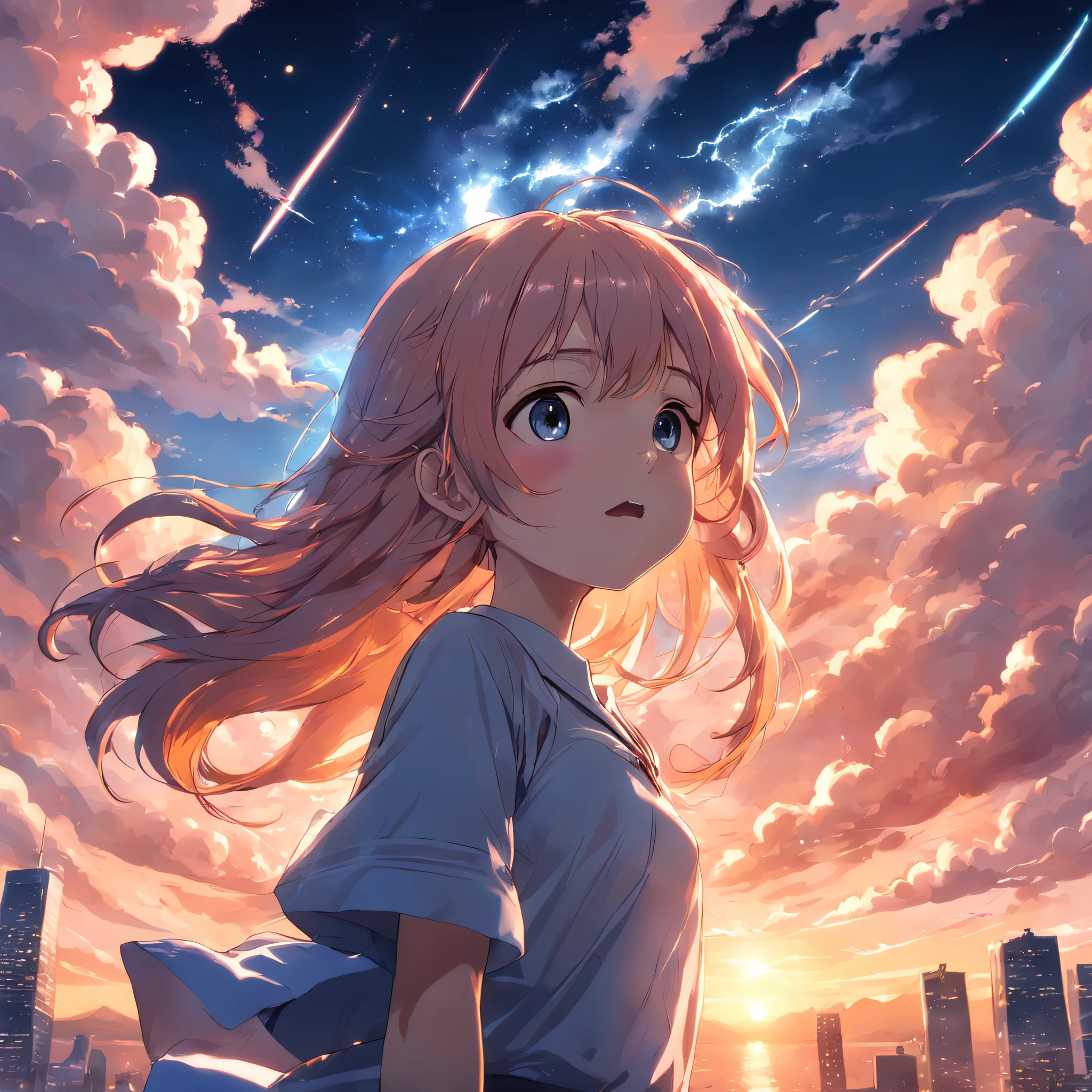 masterpiece, best quality, movie still, 1girl, cloud girl, floating in the sky, close-up, bright, happy, warm soft lighting, sunset, (sparks:0.7)