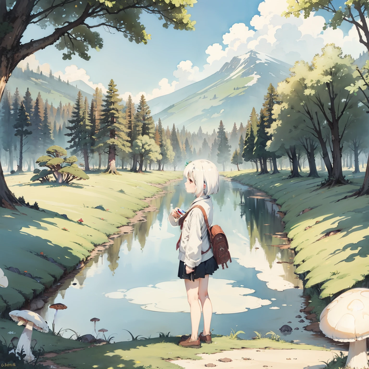 Explore the kingdom of psychedelic and fantasy mushrooms，Huge mushrooms，Watercolor illustration, Perfect anatomy, Masterpiece, Best quality, 1girll, Loli,elementary student， Solo, (with short white hair:1.2),，Nature, landscape