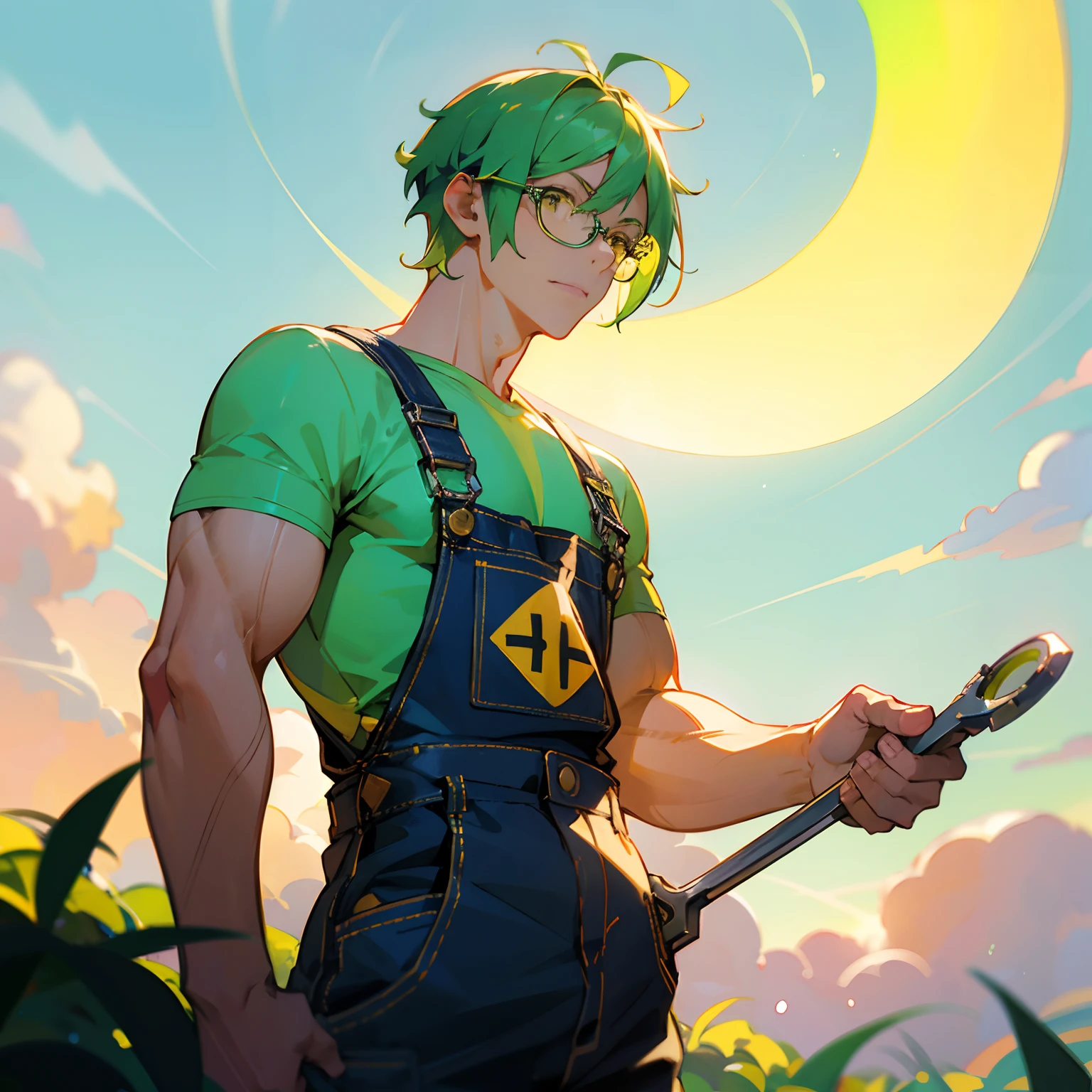 Fat green hair man with muscles、yellow eyes、short-hair、wears glasses、Kindness、Wearing overalls、Holding a spanner in your hand、softfocus、Acrobatic、Colorful light gradient、watercolor paiting、lensflare、kirakira、Dreamy