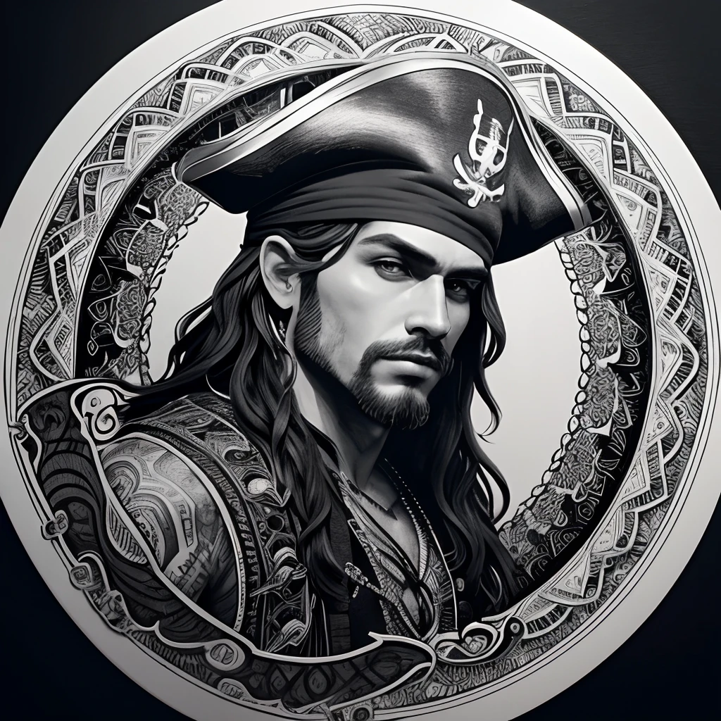 Centred potrait of a male Pirate, black and white, zentangle (best quality) ultra-detailed, fine line drawing, fine line art, coloring book illustration style, intricate linework, highly detailed illustration, perfect composition, beautiful and stunning, dynamic angle, high contrast, incredible shading, incredible detail, unique style, black and white details, (dark and mystical atmosphere), intricate and detailed nature elements.