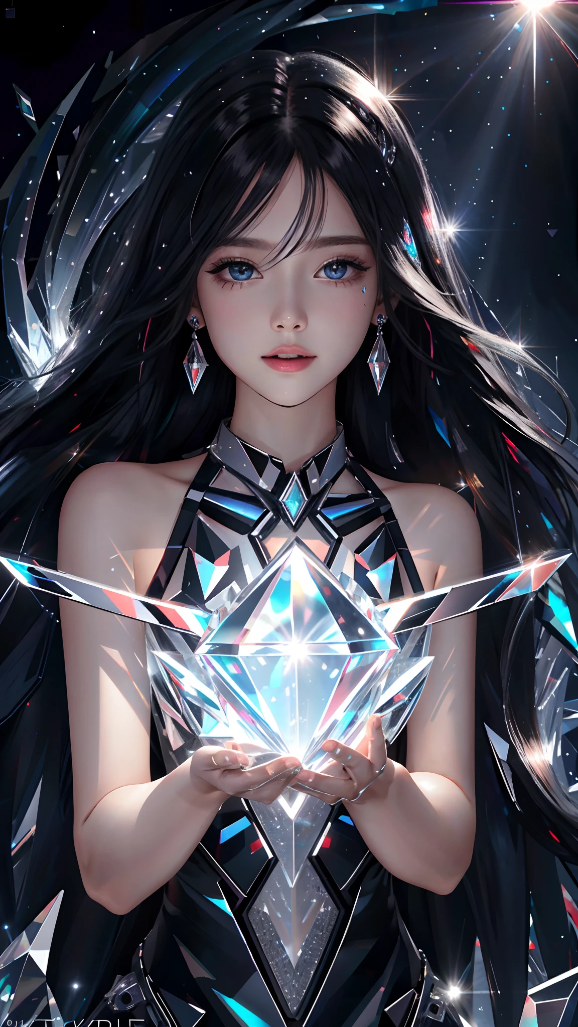 Ultra hd, 8k quality, a girl, happy, very long hair, detailed eyes, glossy lips, black Crystalline dress, black crystals, hair crystal, reflecting blue, lights on crystals, spreading lights, neon effects, fantastic pose, whole body capture,