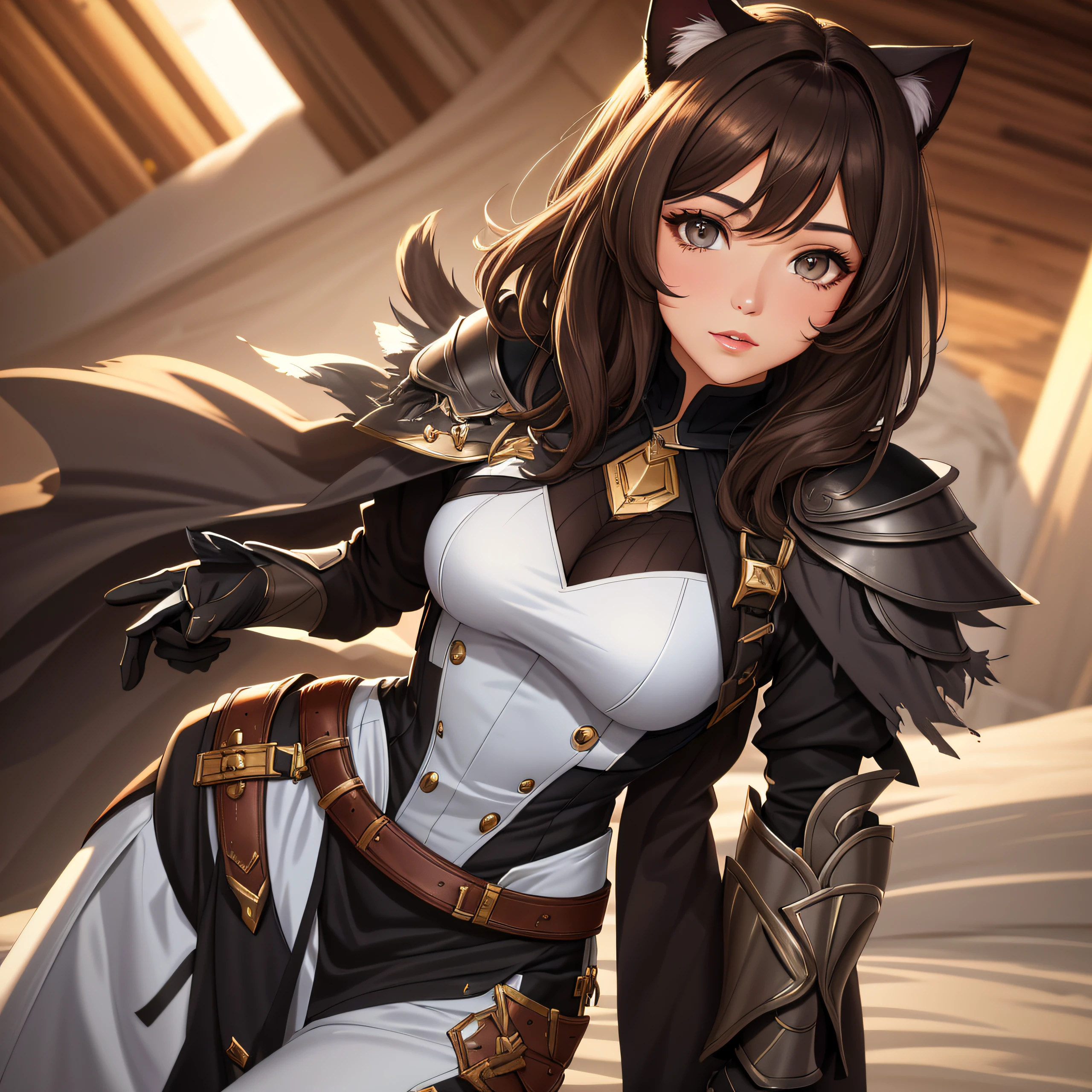 portrait of a beautiful woman, dark brown hair, (grey eyes 1.2), light skin, short-medium length hair, dark armor, cat ears, cat eyes,