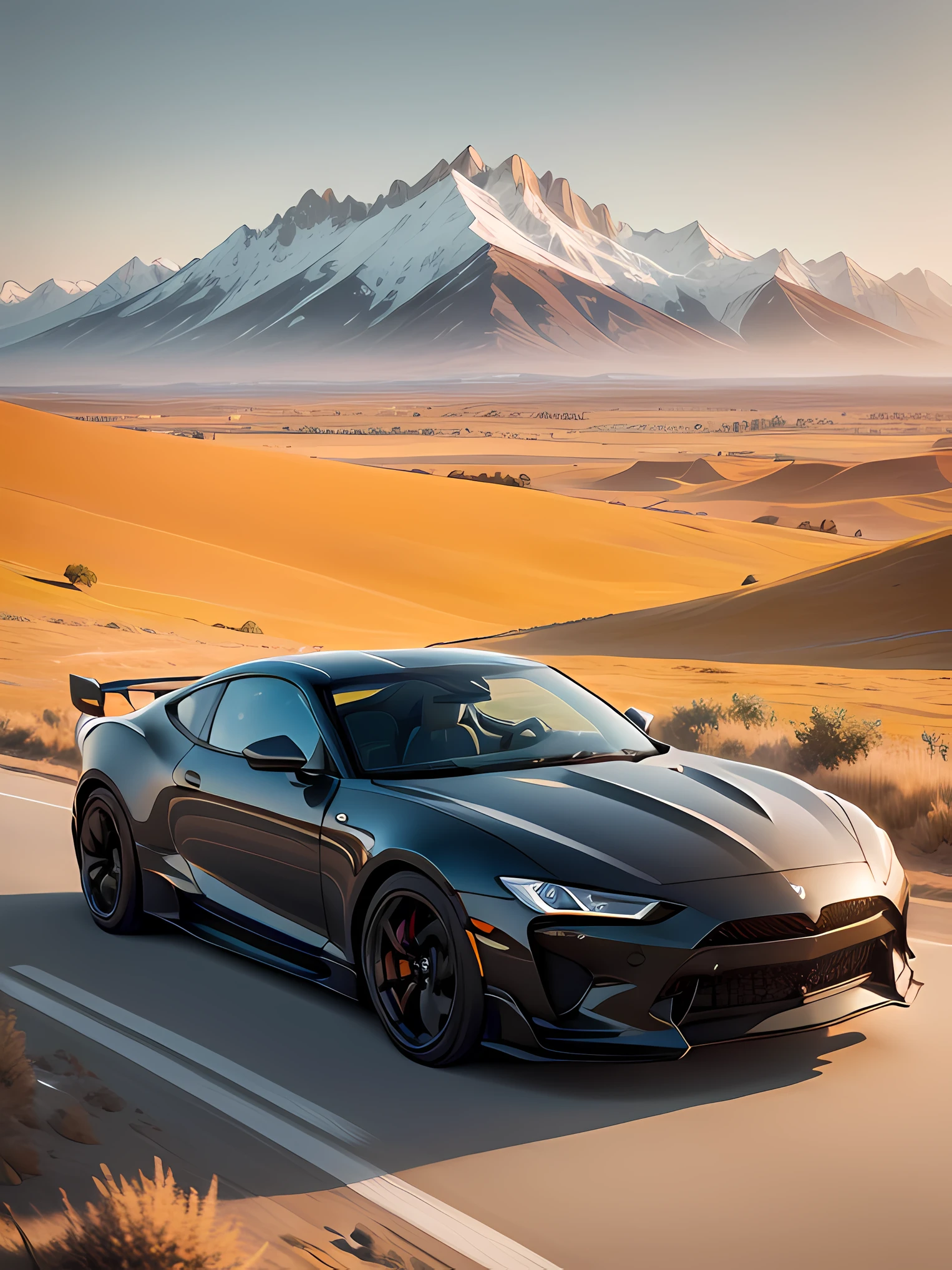 Sports car in the prairie landscape,mountain ranges,during night,in the style wes anderson,precisionism,Minimalist