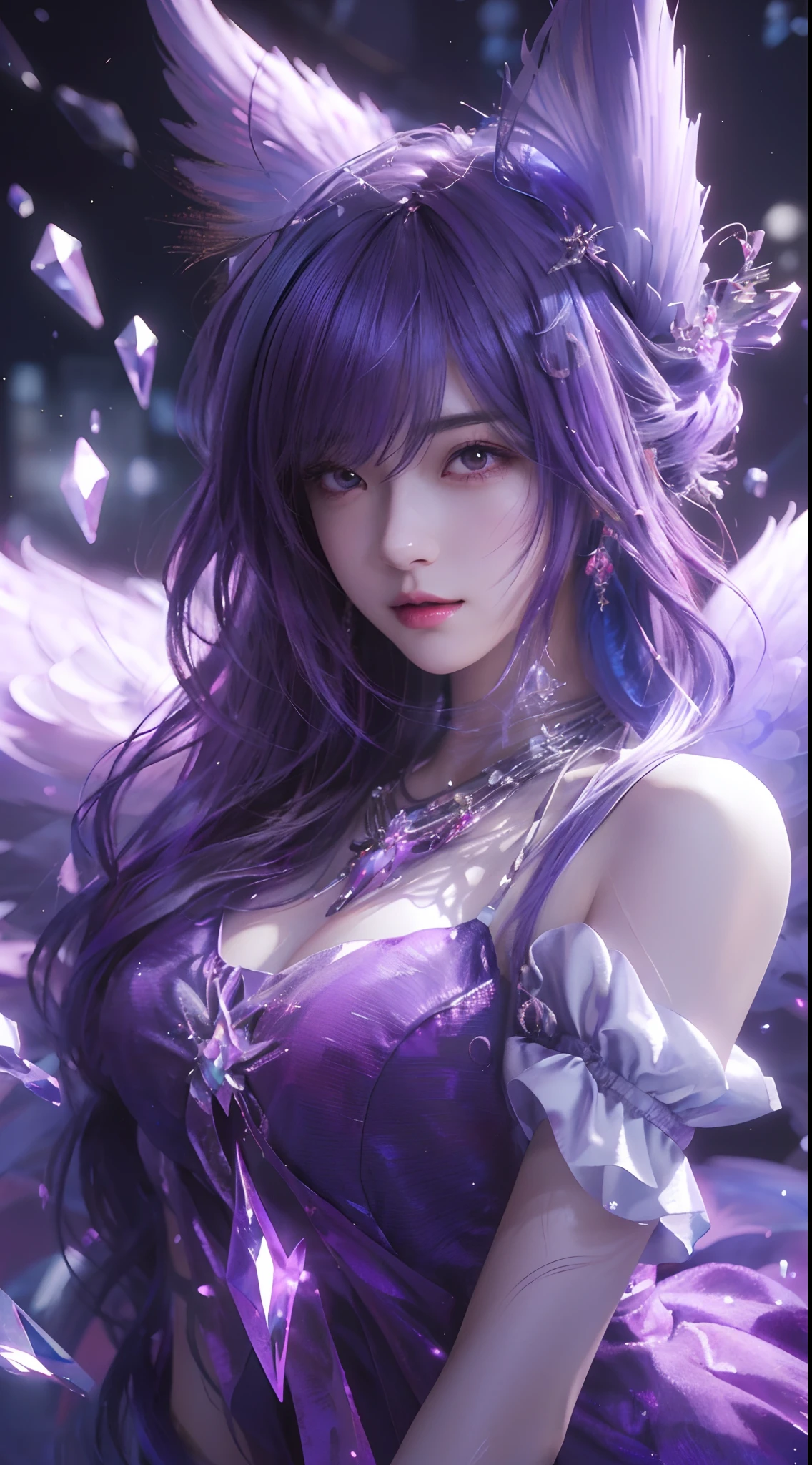 Anime girl with purple hair and purple wings purple dress, Extremely detailed Artgerm, 8K high quality detailed art, Detailed digital anime art, Anime fantasy artwork, by Yang J, style of anime4 K, Anime fantasy illustration, Art germ on ArtStation Pixiv, beautiful fantasy anime, Art germ. anime illustration, 2. 5 D CGI anime fantasy artwork