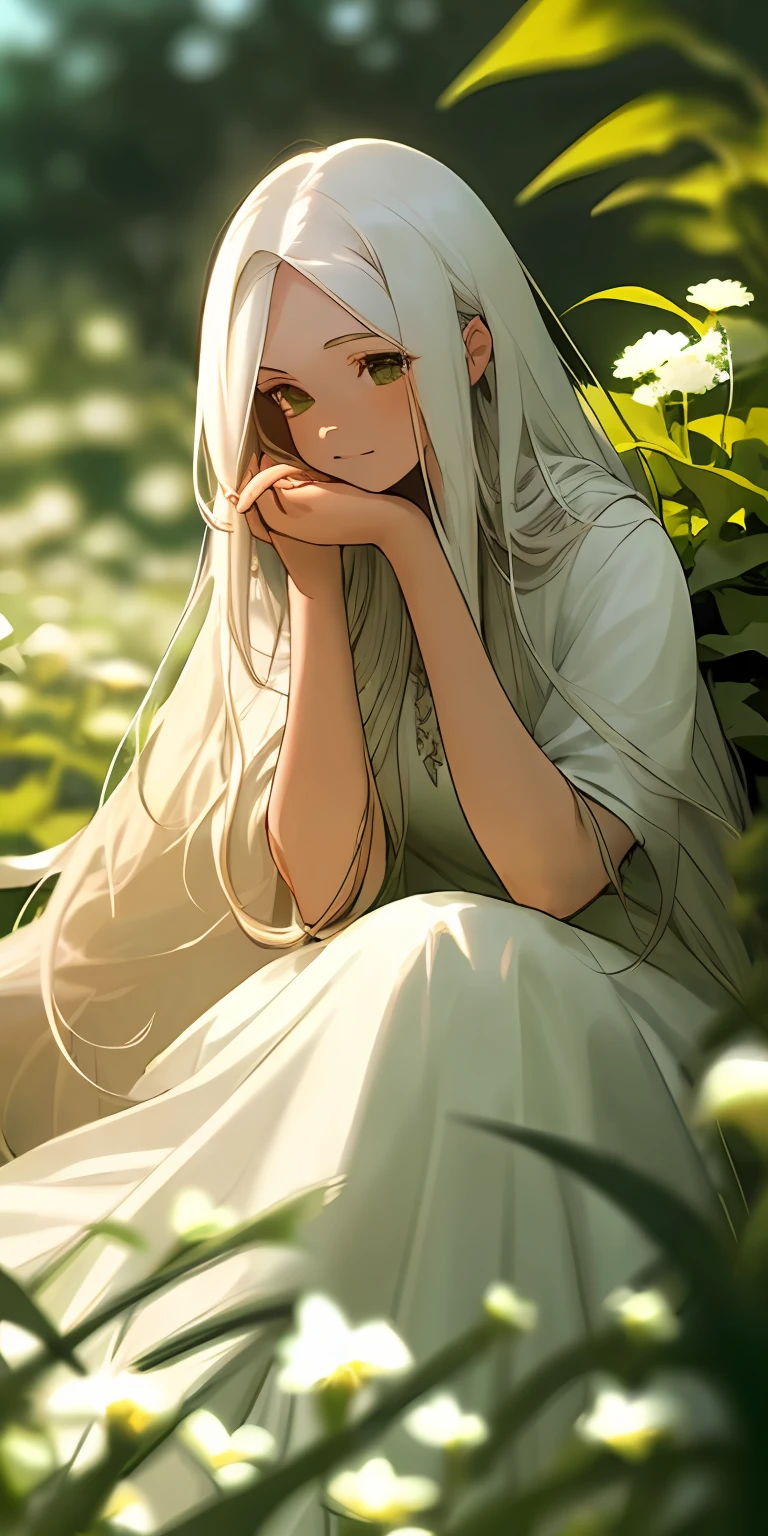 (masterpiece, best quality),1girl with long white hair sitting in a field of green plants and flowers, her hand under her chin, warm lighting, white dress, blurry foreground