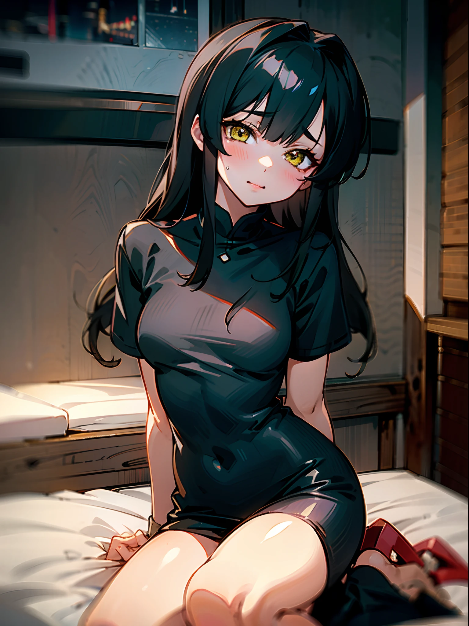 Anime girl with black long hair, yellow eyes, wearing stingy sleepdress, night, bedroom, cute face, ultrasharp 8k seductive girl, perfect eyes, seductive girl