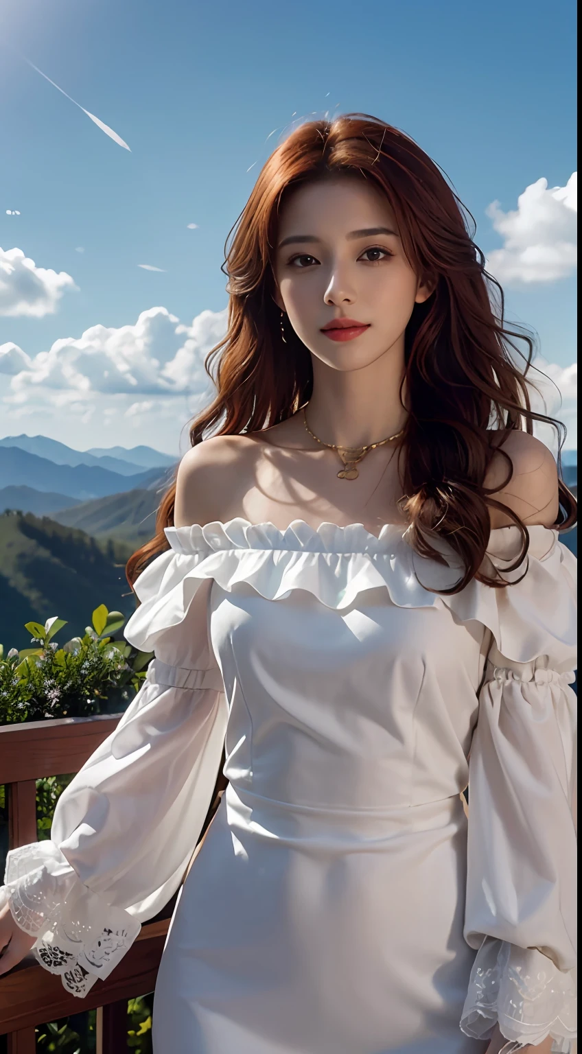 photorealisti, surrealism painting, Photorealistic realism, (extremelydetailed8Kwallpaper), (Extremely refined and beautiful), (tmasterpiece), (best qualtiy: 1.5), (超高分辨率: 1.3), Detailed skins, ultra - detailed, (Long curly hair:1.2), ssmile, red_hair, A gentle breeze blows, diamond_necklace, full_body, white_off_the_shoulder_shirt_with_bobo_sleeves, gold_lace, (mountain_top: 1.6), (colorful_clouds), realistic shaded,