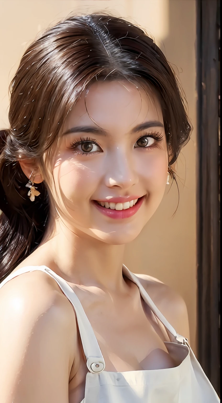 1 beautiful woman, Bakery staff, Perfect dynamic composition, Beautiful eyes, Detailed eyes, Smiling, In the bakery, Brown apron, Earrings, pony-tail hair, (Masterpiece:1.3), (Best quality), Photorealistic, Ultra-detailed, finely detailed, high resolution, 8K wallpaper