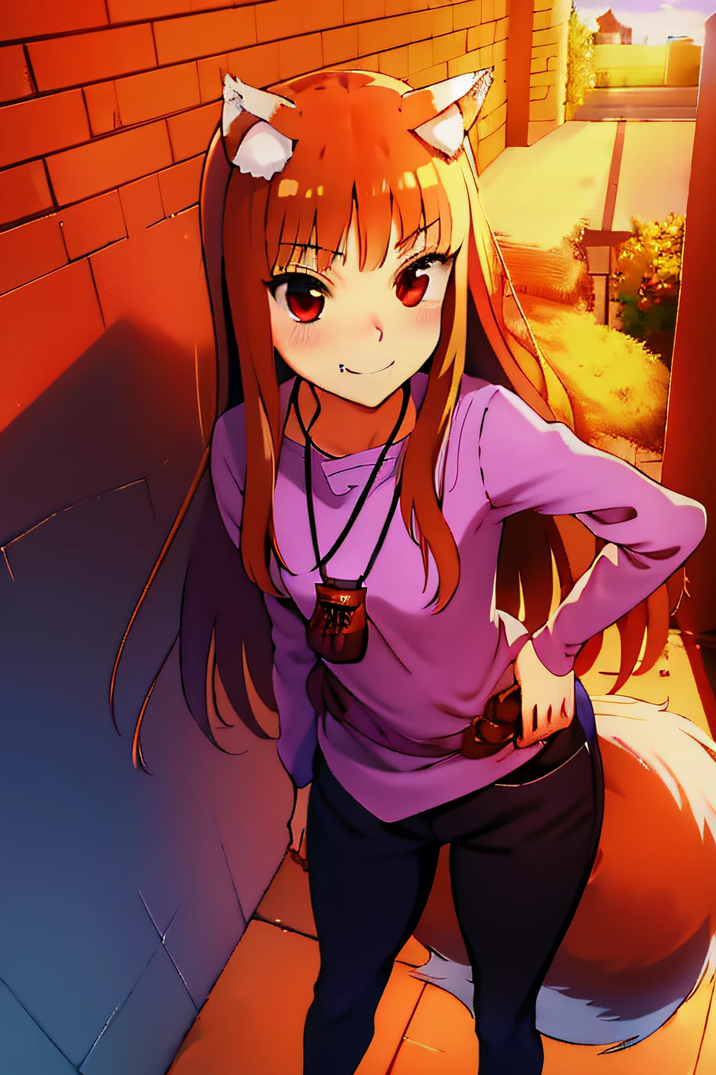 absurdres, best quality, masterpiece, novel illustration,(spice and wolf), (((holo))), (spicytail), (koume keito:1), (ayakura juu:1), (kawakami rokkaku:1), looking at viewer, wolf_ears, wolf_girl, wolf_tail, holo, animal_ears, 1girl, long_hair, brown_hair, purple_shirt, solo, brick_wall, pouch, fang, red_eyes, smile, barrel, front view, leaning forward, open stance, peace sign