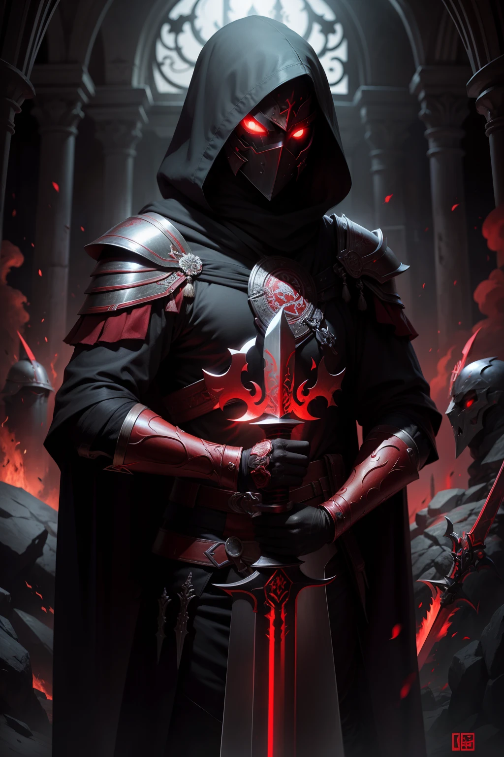Red eyes, masked, red glowing sword in hand, glowing blade