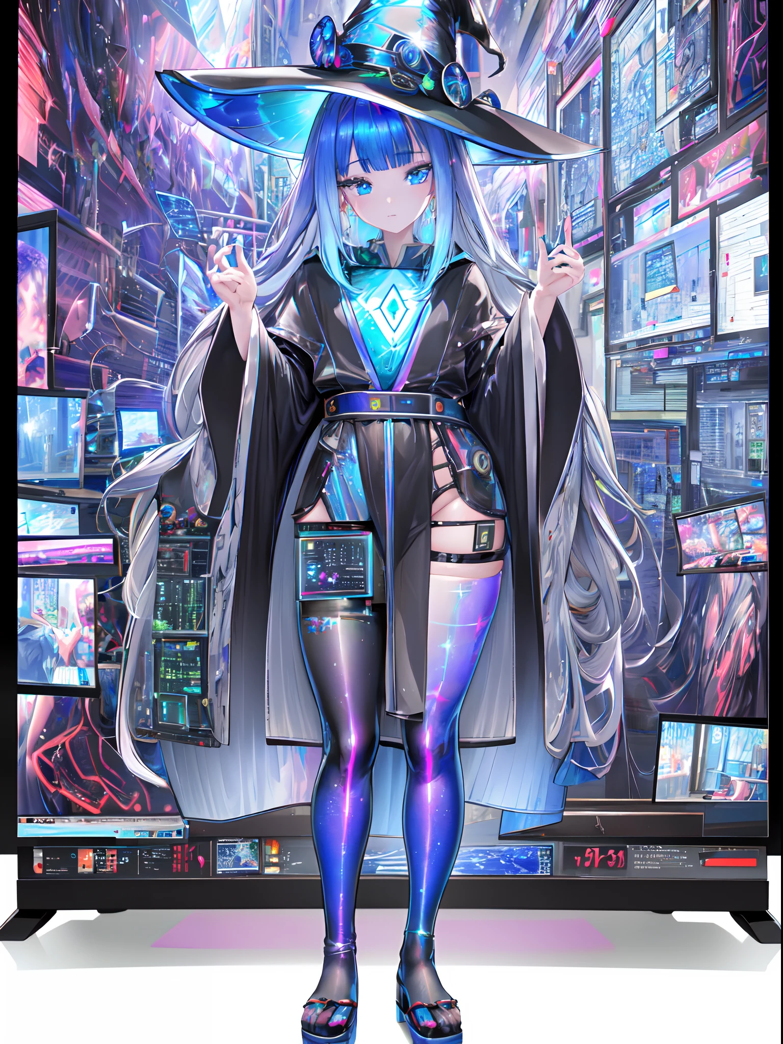 The electronic witch looks into the world. All the information that constantly flows through her. (Wearing Witch Hat and robe with electronic circuit pattern:1.5), hyper real, rich colored, black based detailed delicate cell anime work, Glossy highlights that look like wet, (Best quality), (masterpiece:1.3), ultra-detailed, (realistic), (anime style), Modest exposure, (Transparent display monitors, holographic displays:1.5), electronic sea, electromagnetic waves, wi-fi, full body shot, full enter body,
