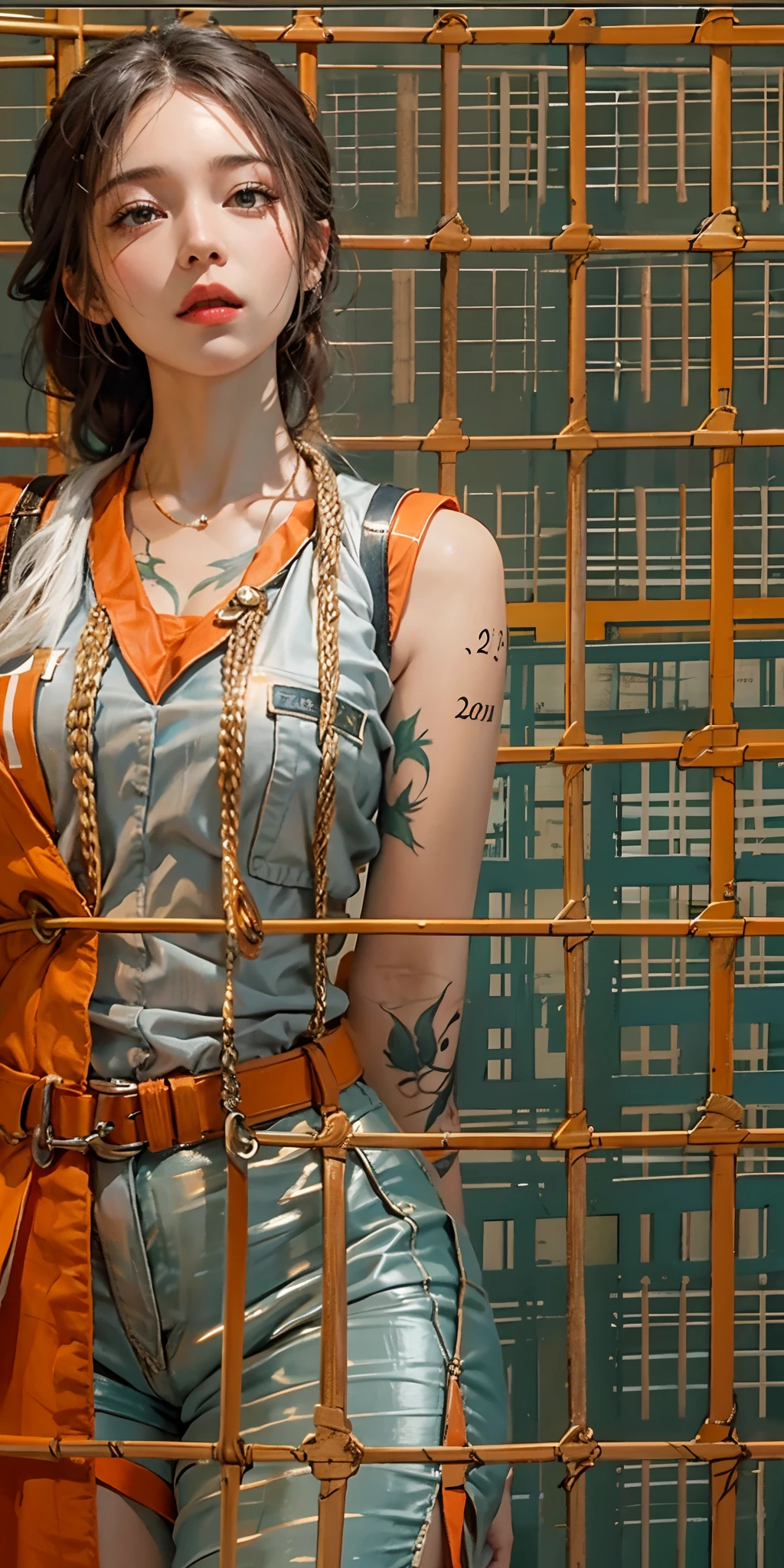 photorealistic, high resolution, soft light,1women, solo, hips up, shining skin, (detailed face), prisoner uniform, orange uniform, tattoo