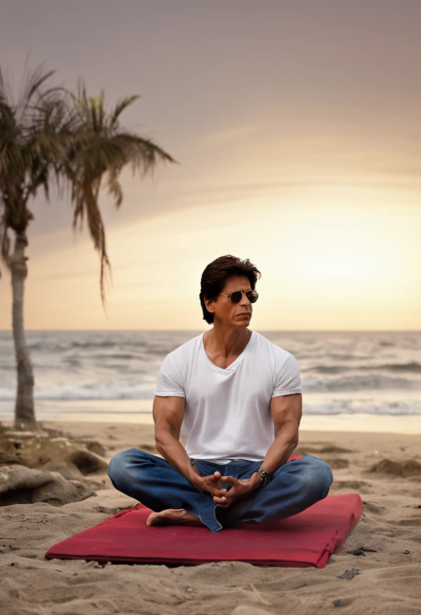 Shah rukh khan meditating near beach evening