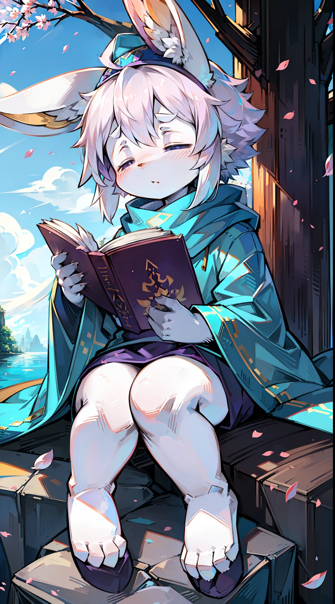 A white rabbit,Blue scarf,long blue robes,is sitting on a rock,the sea,Close your eyes,Flowing scarf,clear blue skies,Giant rocks,long bunny ears,Fluffy hair,long sleeves shirt,Shota,adolable,White color hair,Fluttering petals,Plum tree,Plum blossom branches,k hd,Pubic area is clear,spray,solo person,Oyuki,Winters,head gear,Holding a book in hand,Falling plum petals