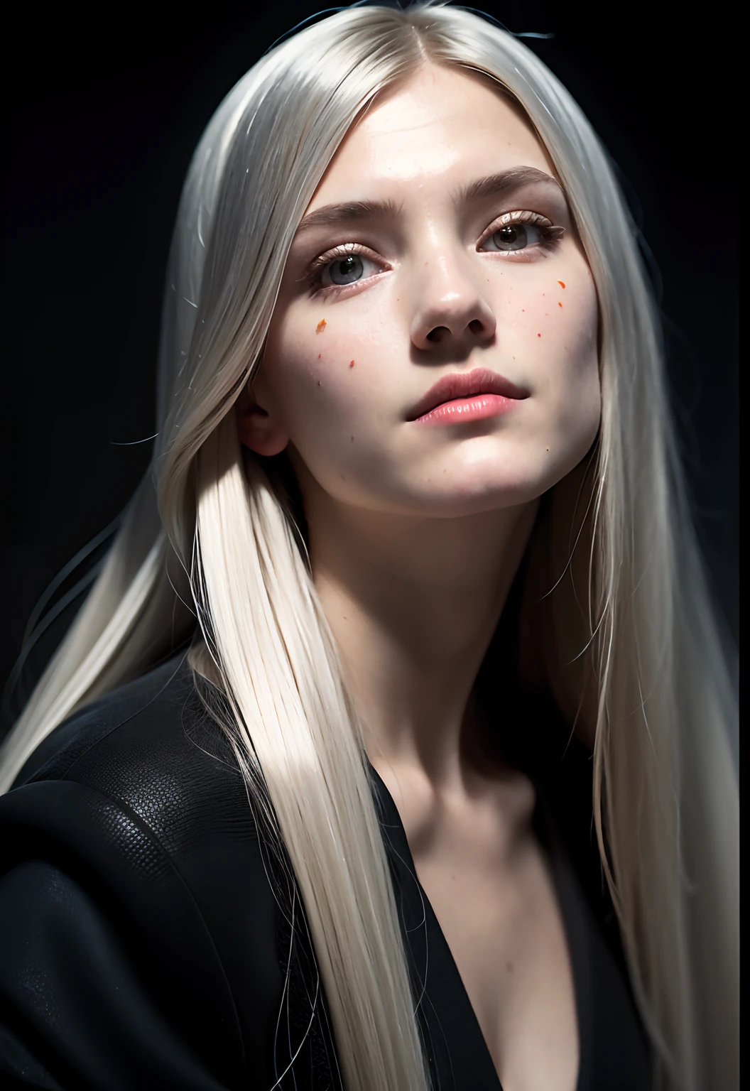 Surrealist portraits of women by David Hockney and Alphonse Mucha,photographrealistic,There are skin blemishes,poster for,Volumetriclighting,Very detailed faces,4 k'',deep shading,low tune,(formal outfit:1.4),long whitr hair,silber hair,Platinum eyes
