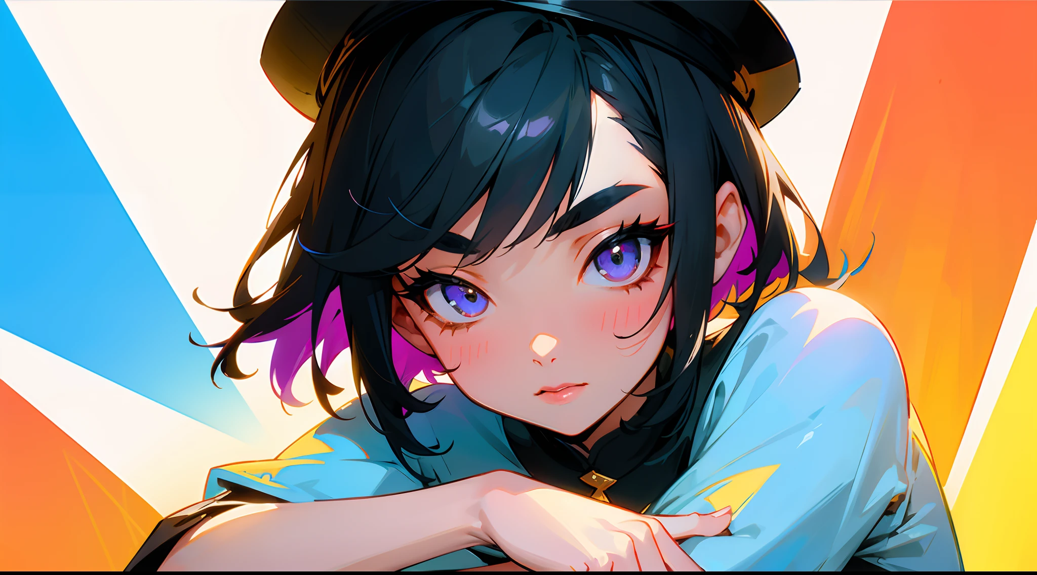 Original Characters、Volume Lighting、Best Shadows、Shallow depth of field、Portrait of an amazingly beautiful girl、Delicate beautiful attractive face with petite and seductive eyes、Fashionable woman in bright costume posing on colorful dynamic background、Black Cap、standingn、Sharp Eyebrows、Black Hair Shortcut Hair、Blush Eyeshadow、Shining eyes、Dark eyelashes、Slim waist、Graffiti alley、(top-quality、Superb Detail:1.25)、(独奏:1.3)、Brilliant Colorful Paintings