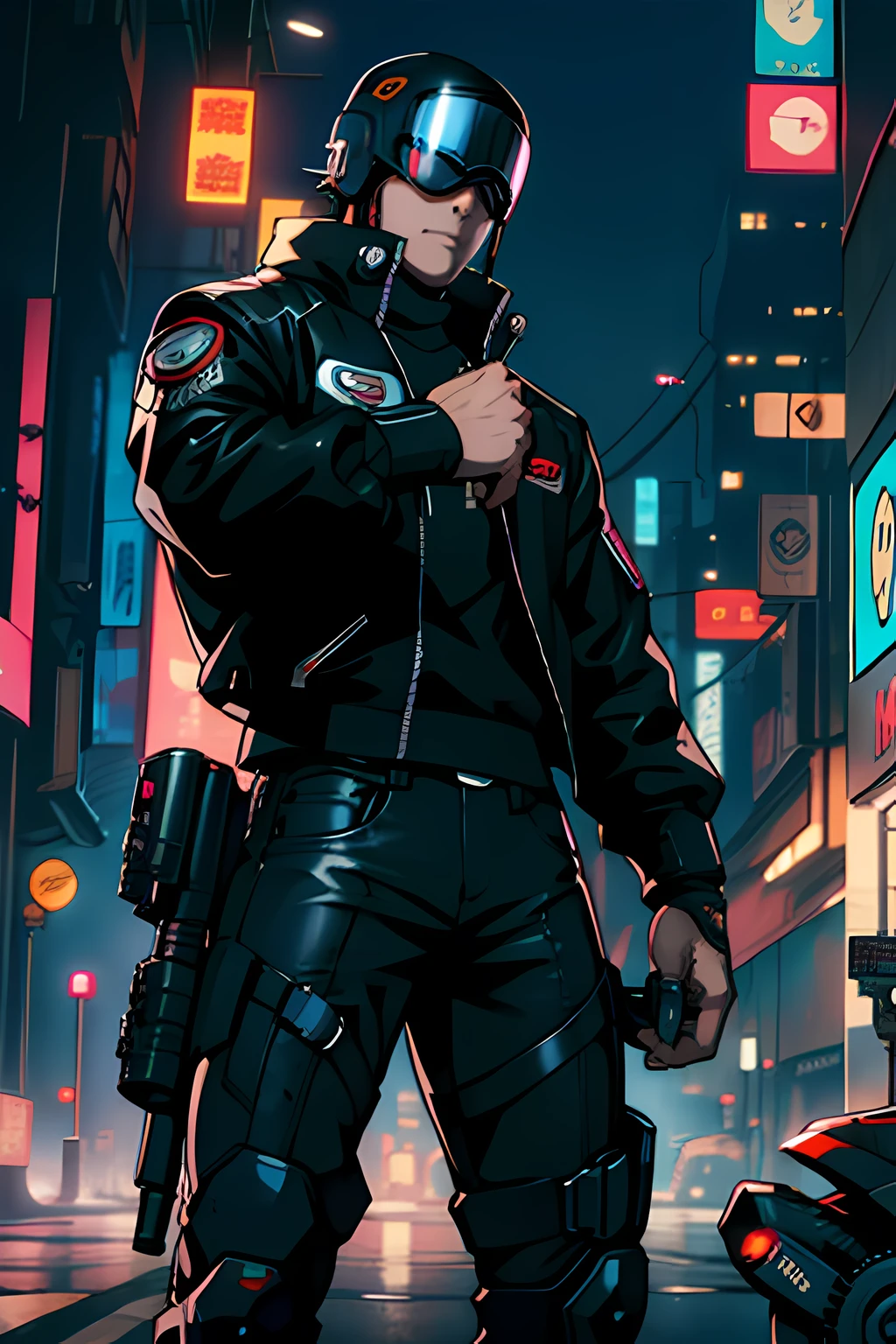 Vigilante with cyber helmet on a Harley Davidson-style motorcycle with a gun in his hand, Cyberpunk, anime, cyberpunk digital |, cyber space cowboy