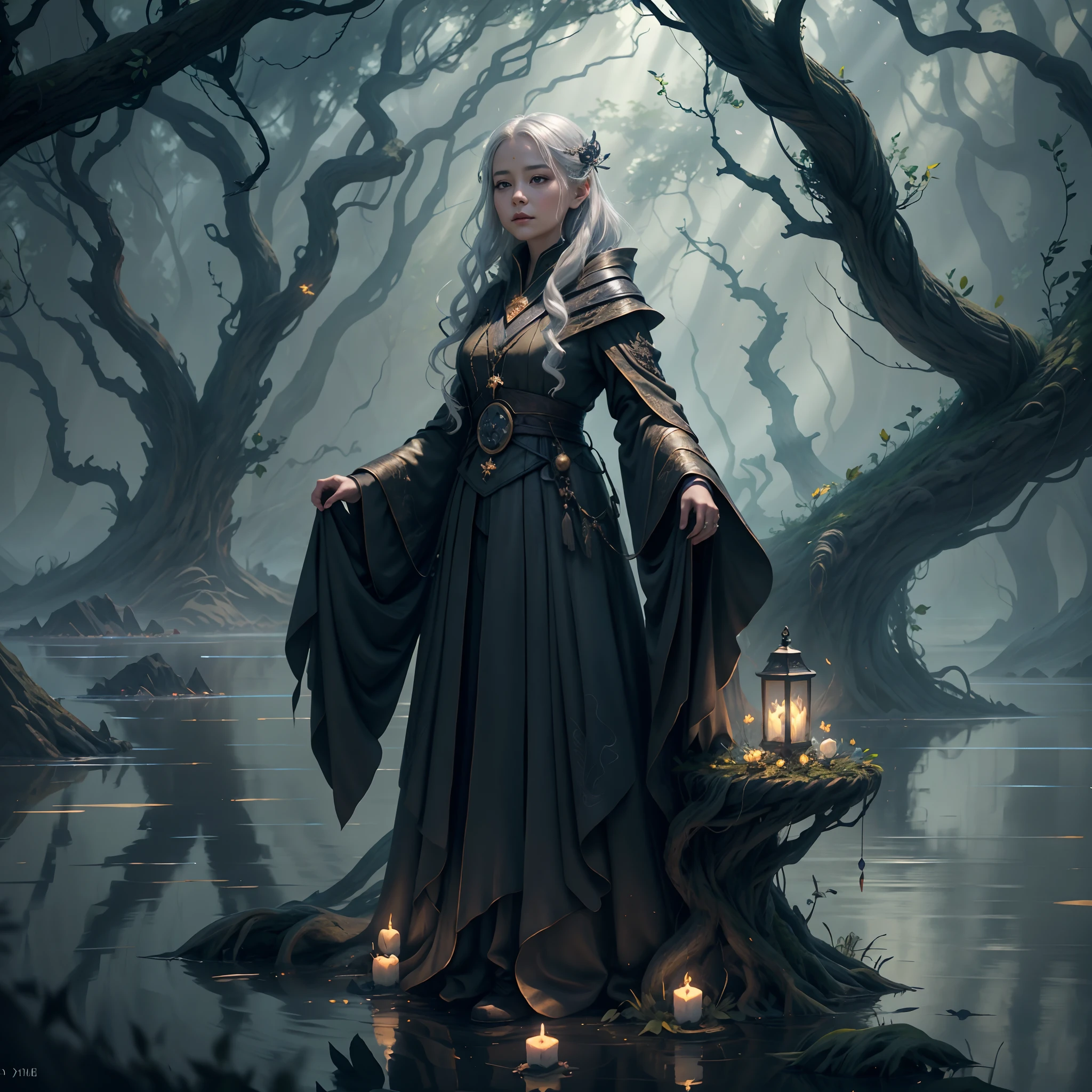 ，Masterpiece, Best quality，8K, 超高分辨率，Deep in the Enchanted Forest，The misty lake comes into view。Under a large tree by the lake，An old witch sitting on a tangled tree trunk。 The old witch wore a robe made of expensive satin，The robe is embroidered with intricate mysterious symbols，Shimmering with a charming light。She has long silver-white hair。，Hang down to the waist like a waterfall，Flutter in the wind。Wrinkles were deep in her ancient and wise face，But it exudes a captivating beauty。 Countless ethereal water lotus flowers float on the surface of the lake，Each one is a rare treasure in the world。The petals are as transparent as jade，Shimmering，As if from Wonderland。In the center of one of the petals sits a crow，slenderness，The feathers take on an eerie bronze color。One of the crows' eyes was as deep as the night sky，The other eye shone with golden light，Bright as a star。 light breeze，The leaves are falling，Blends in with splashes。A hazy mist pervaded the lake，There seems to be an endless mysterious energy hidden in the fog。The trunk is coiled by flashing lights，Like stars from another world，Illuminate the entire scene，It's like a dream。 On the other side of the lake is a green valley，surrounded by cloud。sun shining through clouds，Shining on the old hag，Formation of mottled light spots，Shrouded her with a divine aura。All this forms a mysterious and beautiful picture，It makes people feel like they are in a fantasy world，It is like a meeting point between the Creator and the forces of nature。