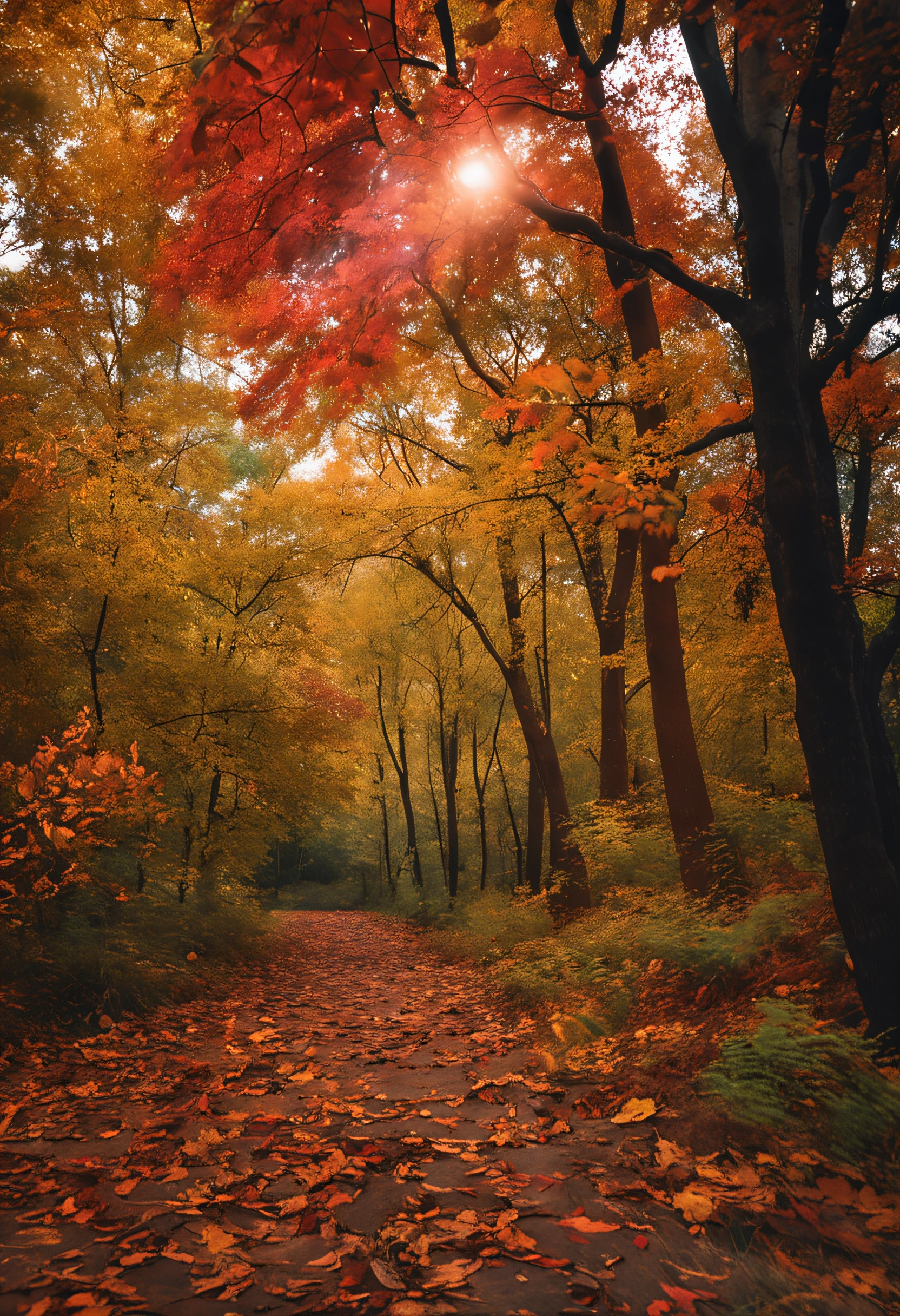 a beauti，autumn forest，Autumn leaves fall，serenity and calm，Natural portrait，Medium focus lens，at dusk at golden hour，artsy photography，Oil painting effect，Natural light，Late，Catch one，Beautiful picture。