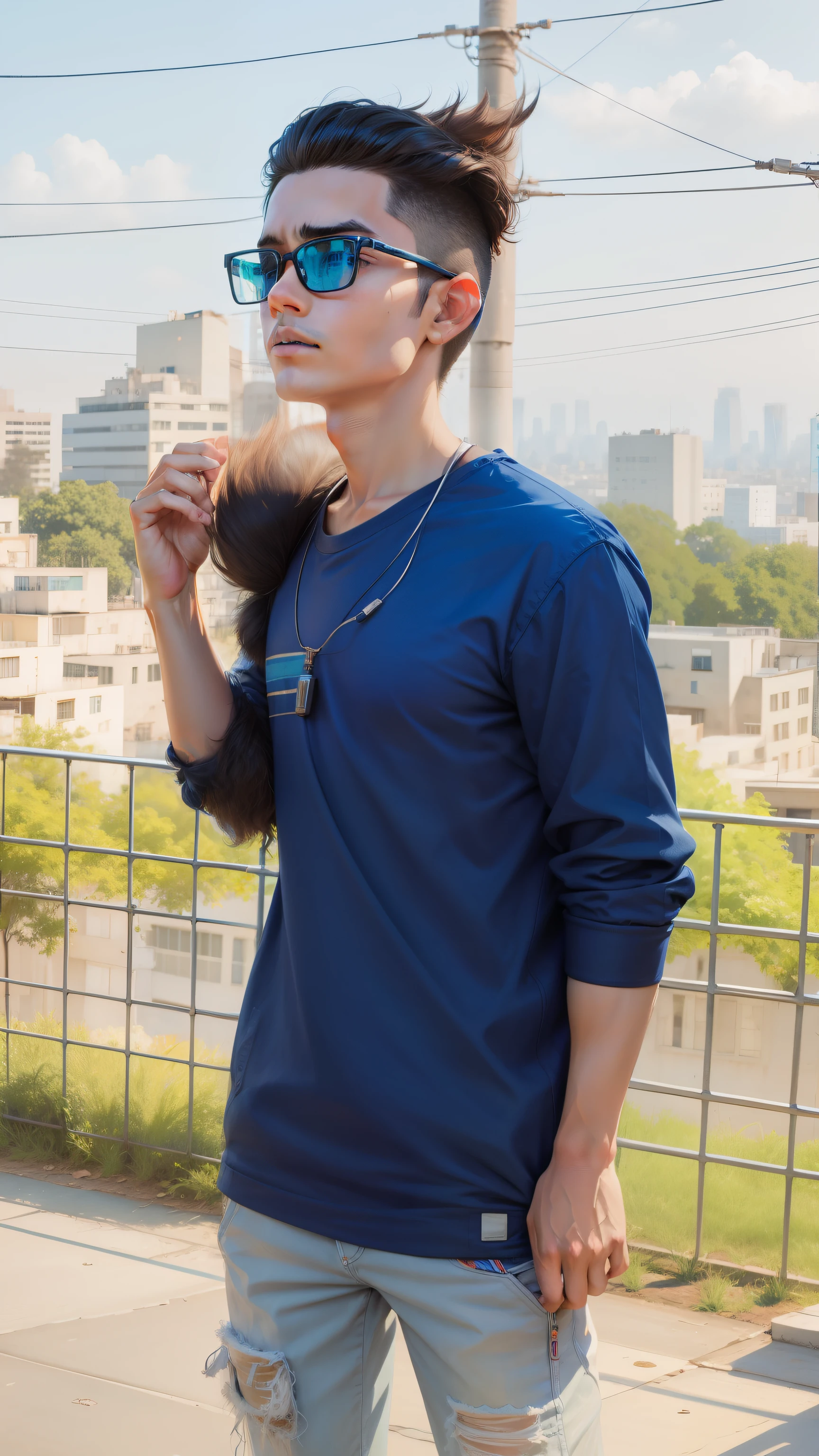 Boy face realistic jecket background city hairy style