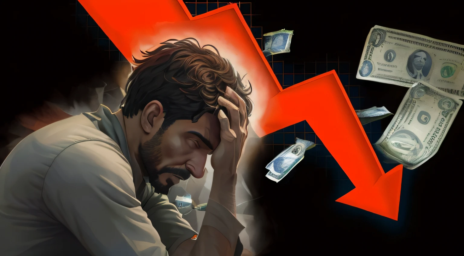 imagem de um homem com uma flecha vermelha e uma pilha de dinheiro, The price of NCR, Imagem promocional, morte dos agiotas, homem triste, Perdendo o controle, perda no desespero, discreto, preocupado, muito triste, perda, Dilacerante, triste, miniatura, quebrado, preso, tristeza, Arte Promocional, fan art