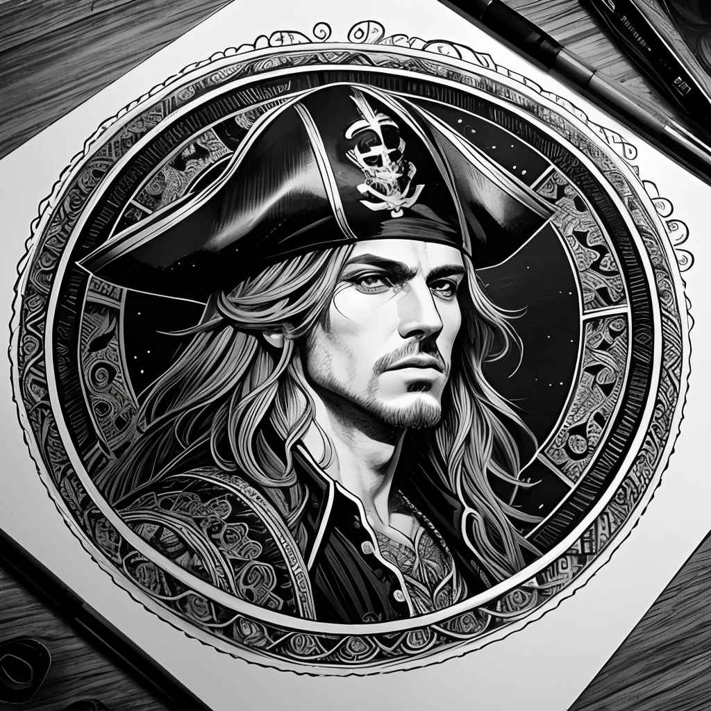 Centred potrait of a male Pirate, black and white, zentangle (best quality) ultra-detailed, fine line drawing, fine line art, coloring book illustration style, intricate linework, highly detailed illustration, perfect composition, beautiful and stunning, dynamic angle, high contrast, incredible shading, incredible detail, unique style, black and white details, (dark and mystical atmosphere), intricate and detailed nature elements.