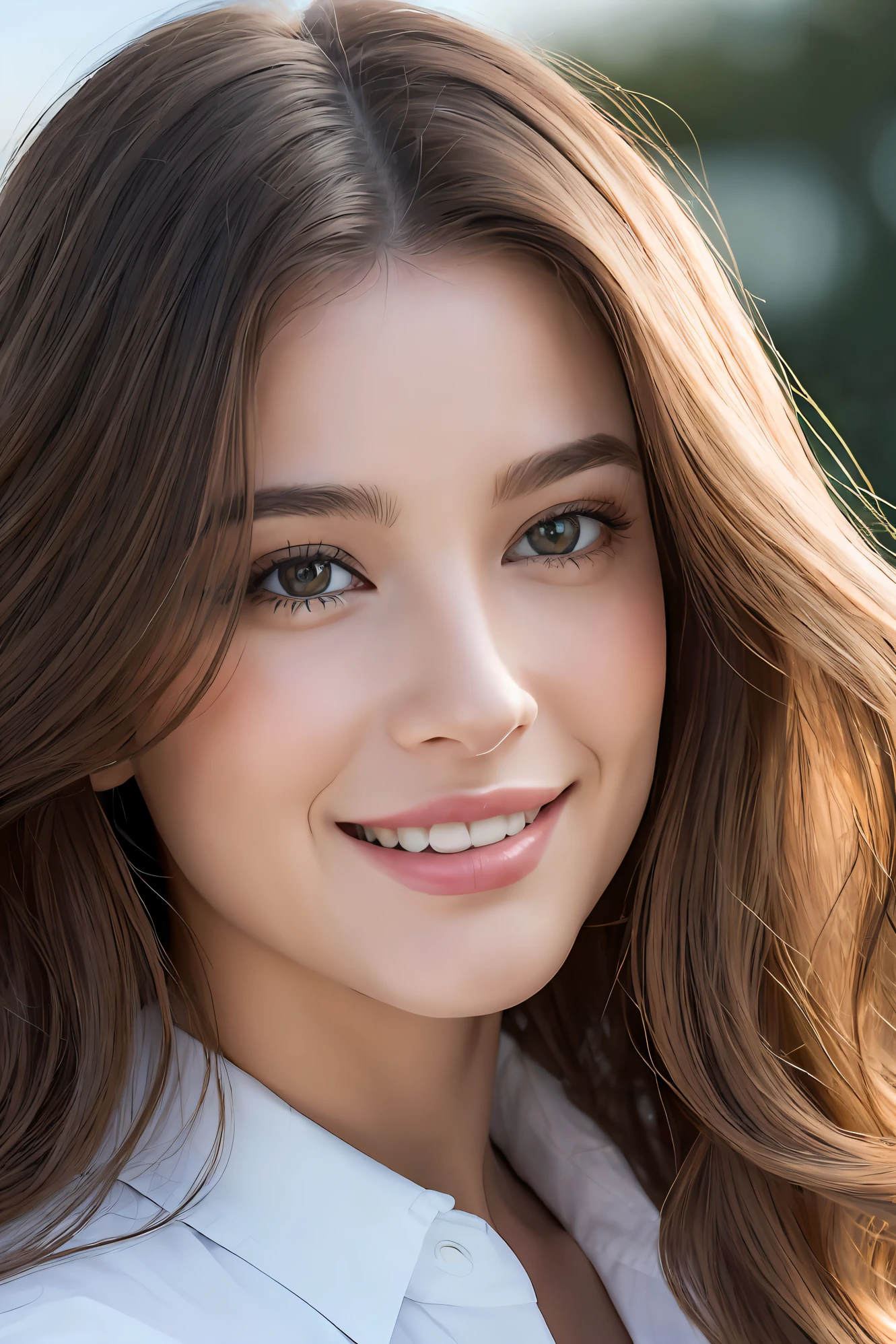 beautiful young woman, High quality. Twenty-seven year old woman. Short stature and thin body, with curves in the right places. wide, color chocolate, curly. heart shaped face, pretty little nose, big hazel eyes, and long, bushy eyelashes. Has separate incisors. Full and sexy lips. shy smile. full body image. The background of the image shows La Cibeles, in Madrid. Spanish woman.