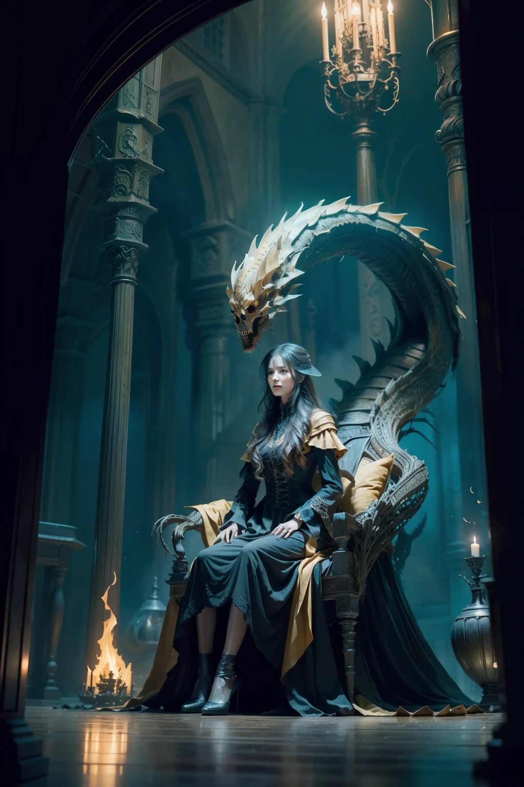 （A beautiful witch sits in front of the Soniste fire dragon skeleton:1.4) ，gloomy castle，Spooky and terrifying，The skull is on the ground，depth of fields，high light，Real light，Ray traching，OC renderer，UE5 renderer，Hyper-realistic，best qualtiy，8K，Works of masters，super-fine，Detailed pubic hair，Correct anatomy，