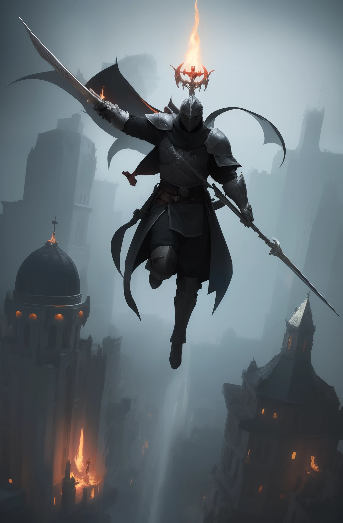 Realistic character art, full - body, Knight Templar, holding a long magic staff in his hands, flying, Over the city, Potions are a flame, Unreal Engine 5, 8K, Dark, moody, Futuristic