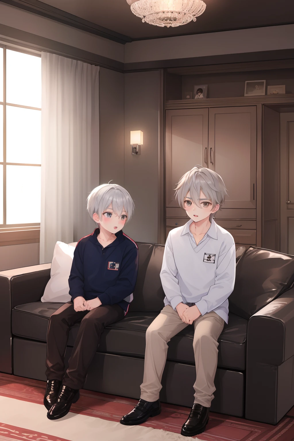 Two Boys, Silver-haired boy and brown-haired boy, Talking、Boy's room、sofas、Boys Love、hight resolution、ultra-detailliert