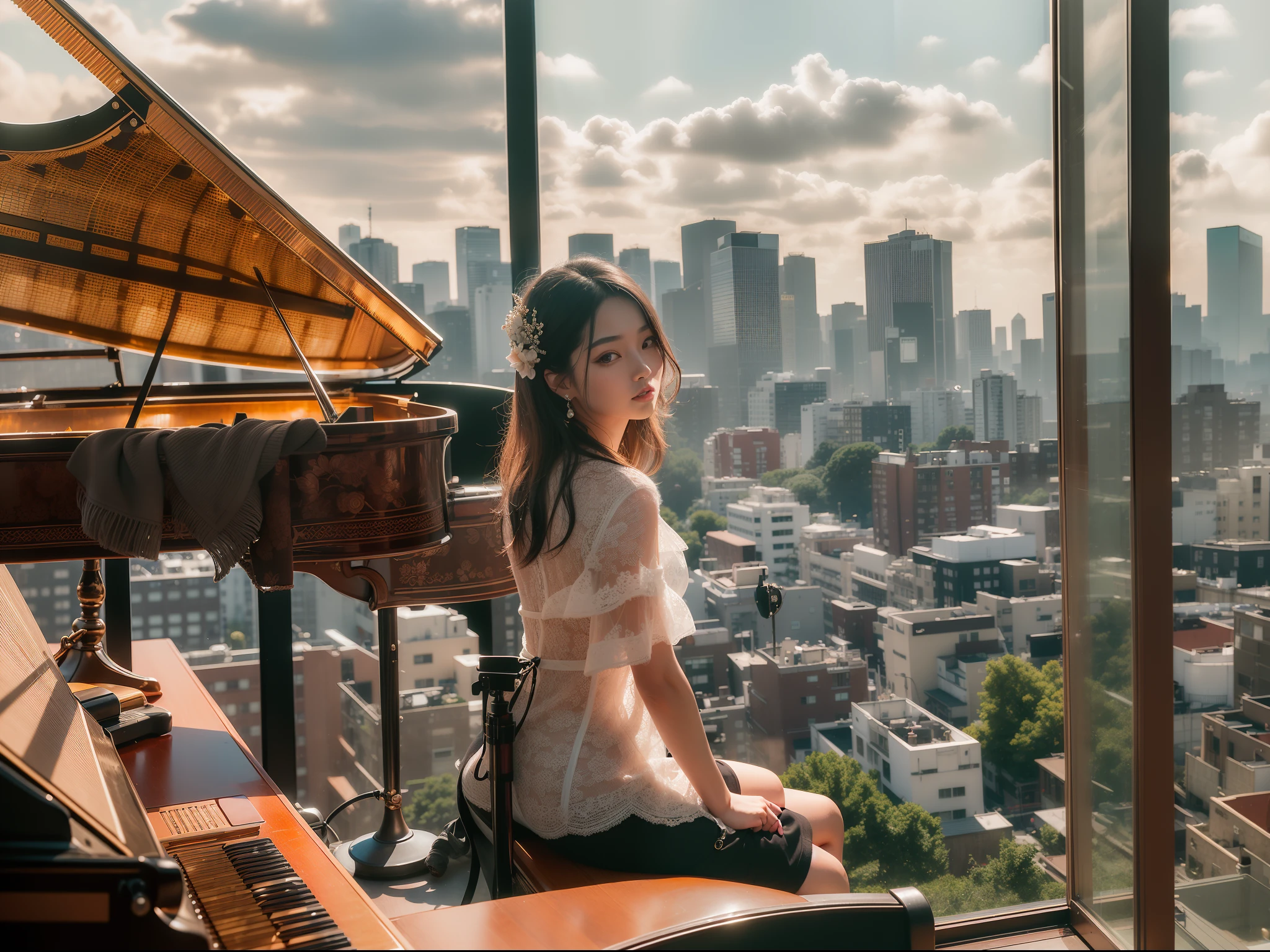 There is a woman sitting in front of a piano in front of a window, set in tokyo rooftop, Cinematic afternoon light, Stand on the Piano、(credibly_absurderes,Huge_filesize:1.37),(masterpiece:1.37),(top-quality:1.37),(realisitic,Photorealsitic:1.2),Ray traching,Realistic lighting,(illuminations,Glow),((film grains:1.37)),(Exquisite details and textures:1.2),(8K分辨率:1.2),(ultra -detail:1.2),(Sharp Focus 1.2),(Raw photography:1.0),(ulzzang -6500-v1.1:1.2),(Beautiful Detail Face、A dark-haired、((((perfect anatomia))))、viewer、1girl in、独奏、、(Detailed natural skin、detailed skin textures、Detailed black hair、Well-formed hairstyle)、Facial light、(ciinematic light)、lensflare、Back lighting