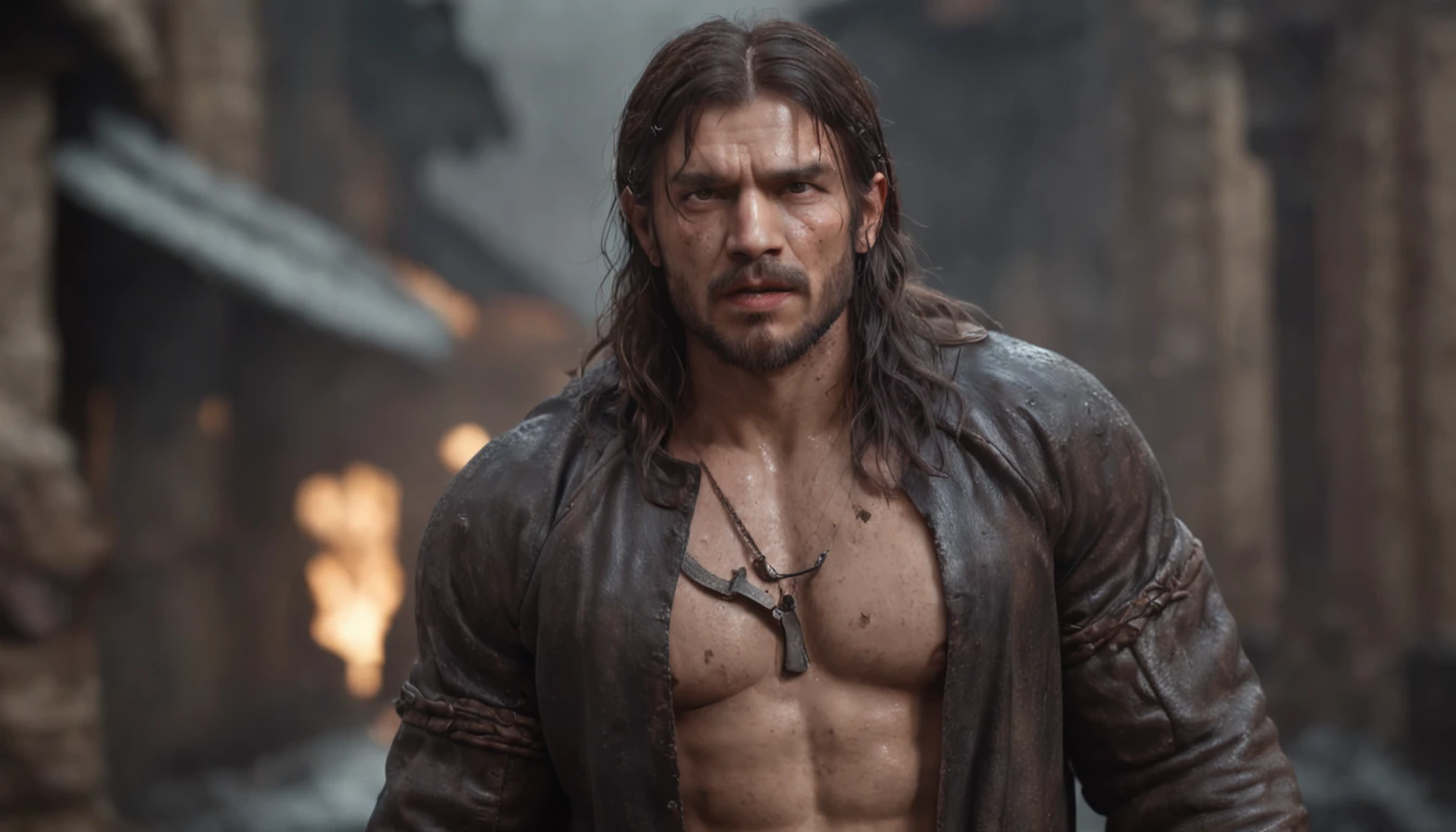 (professional 3d render:1.3) af (Realistic:1.3) most beautiful artwork photo in the world，Features soft and shiny male heroes, ((Epic hero fantasy muscle man rough wet hero angry looking long hair short beard and ferocious expression in dynamic pose, Fantastic location, Majestic cluttered environment)), Full body 8K unified rendering, action  shot, skin pore, Tattooed with,very dark lighting, heavyshading, Detailed, Detailed face, (vibrant, photograph realistic, Realistic, Dramatic, Dark, Sharp focus, 8K), (Old leather garments damaged by weathering:1.4), ((((Wear fur)))), (Intricate:1.4), decadent, (Highly detailed:1.4), Digital painting, rendering by octane, art  stations, concept-art, smooth, Sharp focus, illustration, Art germ, (loish:0.23), wlop ilya kuvshinov, and greg rutkowski and alphonse mucha gracias, (Global illumination, Studio light, volumettic light), heavy rain, particles floating, lotr, fantasy, elf, full bodyesbian, ((Dark and ancient city background:1.3)),CGSesociety,art  stations