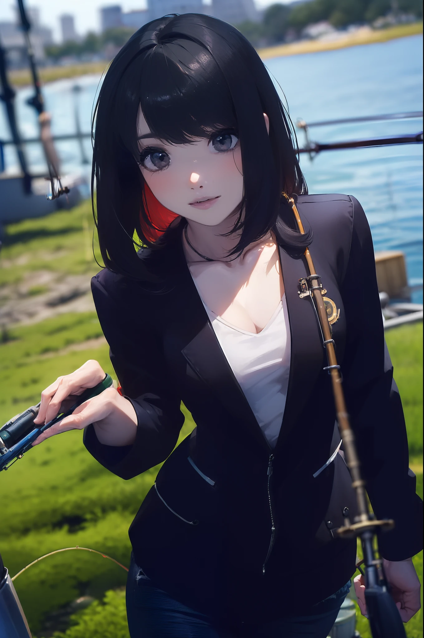 ((((having a fishing rod with a reel by the lakeside:1.5)))),((Female 28 years old)),((Best Quality:1.5)),(((Hands with the correct number and structure of fingers:1.4))),((Big fish:1.37)),hight resolution,ultra-detailliert,masterpiece,best qualtiy,(Eight-headed body),Black hair, long eyes-lashes, Solid Circle Eyes, drop shadow, Atmospheric perspective,Super Detail, ccurate, small brest,(Black jacket and black jeans :1.1),top-quality, blurry backround, bokeh dof:1.2, (masterpiece:1.3), Atmospheric perspective,Super Detail,dynamic compositions,